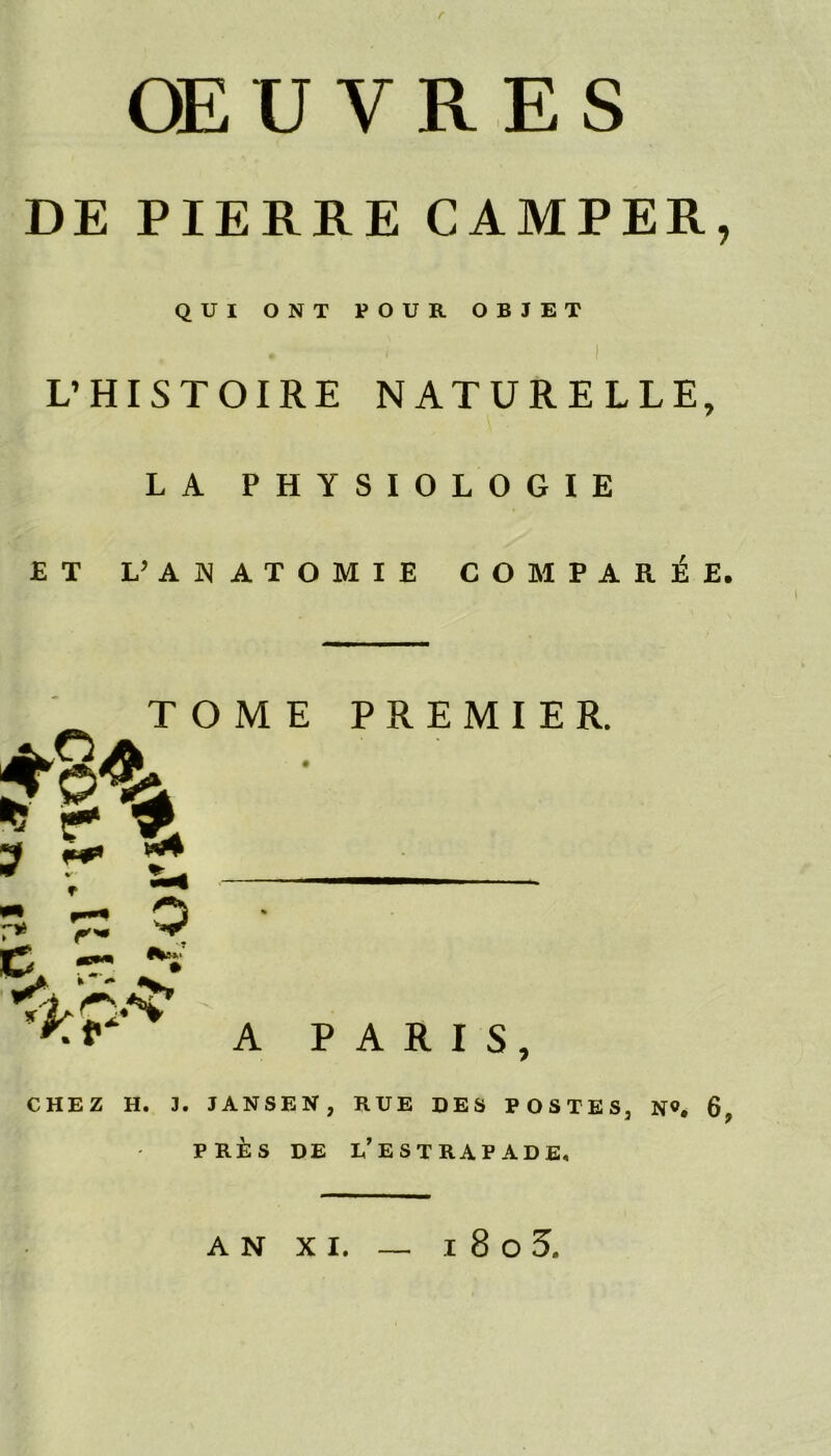 OE U V R E S DE PIERRE CAMPER, QUI ONT POUR OBJET L’HISTOIRE NATURELLE, LA PHYSIOLOGIE ET L’AHATOMIl C O M P A R £ E. TOME PREMIER. j r £ 'zz Q c V ft ^ A PARIS, CHEZ H. 3. JANSEN, RUE DES POSTES, N«. 6, PRES DE U’ESTRAPADE, AN XI. I 8 o 5.