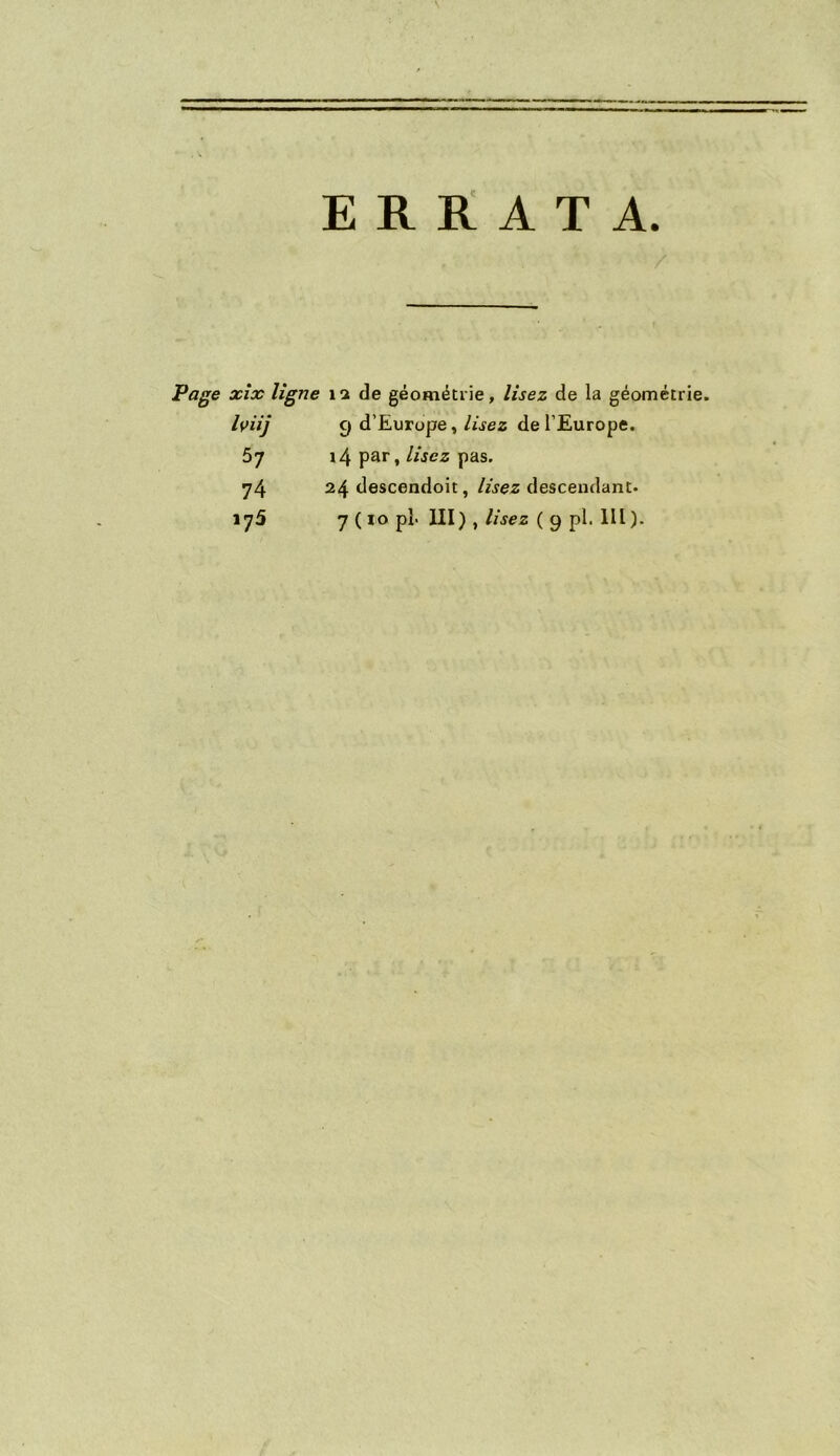 ERRATA Page xix ligne 12 de geometrie, lisez de la geometrie. Iviij 9 d’Europe, lisez de l’Europe. 57 14 par, lisez pas. 74 24 descendoit, lisez descendant. 175 7 (io pi III) , lisez ( 9 pi. III).