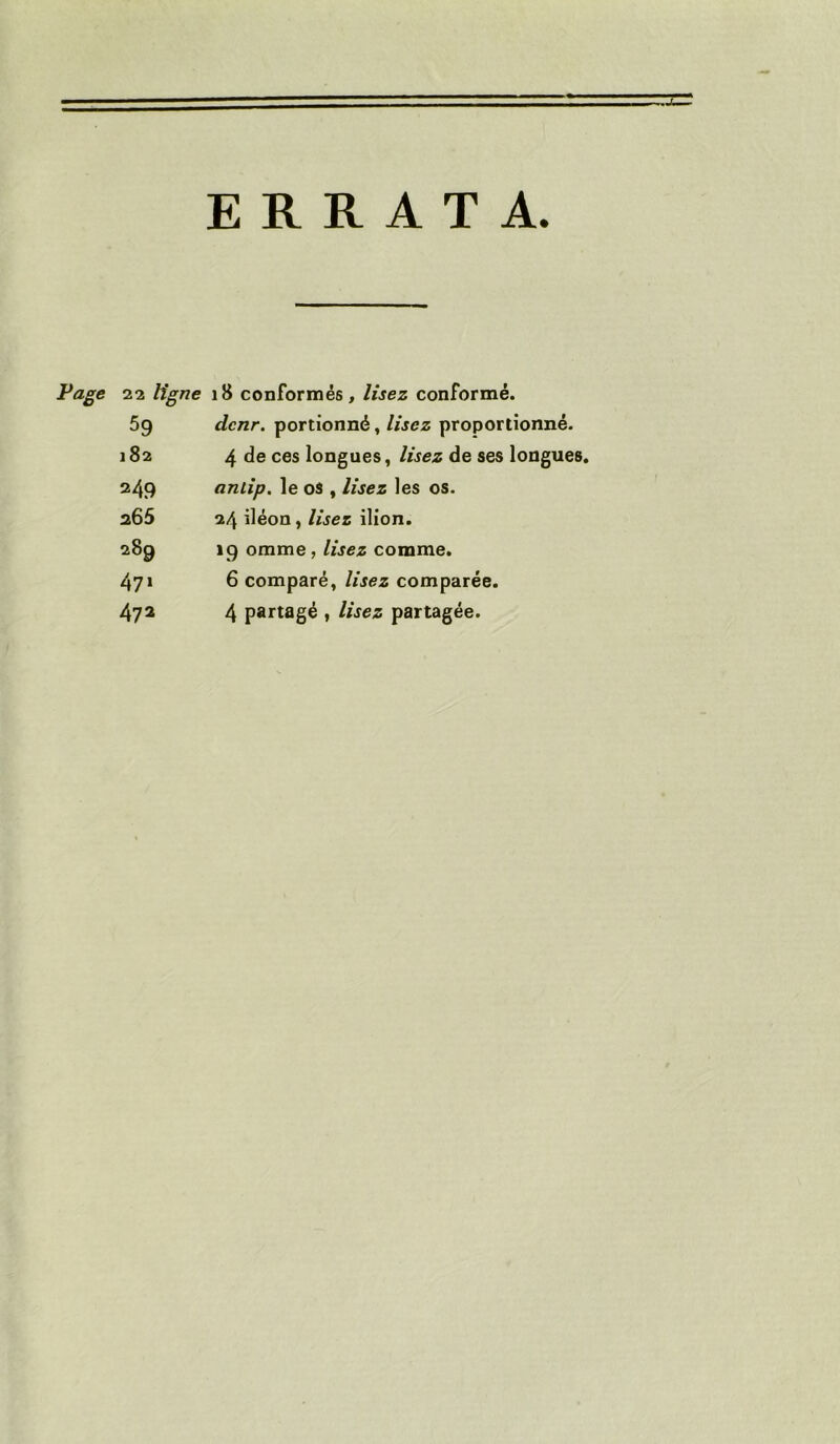 ERRATA. Page 22 Hgne 18 conformes, lisez conforme. 59 dcnr. portionnd, lisez proportionne. 182 4 de ces longues, lisez de ses longues. 249 anlip, le os , lisez les os. 265 24 ileon, lisez ilion. 289 19 omme , lisez corame. 471 6 compare, lisez comparee. 472 4 partage , lisez partagee.