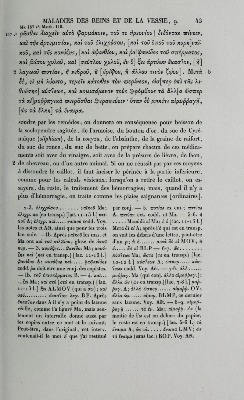 Ms. 157 V». Matth. 110. 157 V» pSiaOou Sict)(s'ïv atÎTo (papfxdxoïsy tov ts vpuoviov | SiSovras 'sfi'vsiv, xai TŸ}s àpTe(j.i(7ias, xoà tov êXi)(^pV(70V, [«al tov ôttov tov xvpri]voLÏ' xovy Kcà Tîj$ xovvlrjSy [xa) œ^/ivOioVy xcà pai\<poLviSoç tov aTTeppLOLTOS, xcà ^oLTOv ^vXov, xcà \crevT\ov )(vXovy èv o] (ipTvœv excta-lov, [17] 2 Xaycoov TSVTiOLÇy v vs^pov, ^ [êpi'(p0Vy rj âXXov Tivbs Çwol»]. Merà 5 Sè, el (ÀV XvoiTOy Tepeiv xdTœOsv tov Tffspi'vsovy Sa-[7rep stt) Tfjs Xi~ 6i(ioa-r]$^ xvcrlecosy xcà xopiadpevov tovs B-pofx^ovs tol aXX[a éoaitep TOL aî\poppaytxd Tffstpda-Oai ^epcnreveiv • otolv Sk fxrjxsTi aîpLOppayfi, \ws Ta kX^xr{\ tol svaipLCc. soudre par les remèdes ; on donnera en conséquence pour boisson de la scolopendre sagittée, de l’armoise, du bouton d’or, du suc de Cyré- naïque {silphium), de la conyza, de l’absinthe, de la graine de raifort, du suc de ronce, du suc de bette ; on prépare chacun de ces médica- ments soit avec du vinaigre, soit avec de la présure de lièvre, de faon, 2 de chevreau, ou d’un autre animal. Si on ne réussit pas par ces moyens à dissoudre le caillot, il faut inciser le périnée à la partie inférieure, comme pour les calculs vésicaux; lorsqu’on a retiré le caillot, on es- sayera , du reste, le traitement des hémorragies ; mais, quand il n’y a plus d’hémorragie, on traite comme les plaies saignantes [ordinaires]. 2-3. êh^pij<7oii vaÏKov Ma; éh^p. xa (en transp.) [lac. 11-13 h] vaï~ xov A; éhx,p- ncà vaïxov codd. Voy. les notes et Aët. ainsi que pour les trois lac. suiv. — Ib. Après vdixoxi les mss. et Ma ont xcà tou criXÇiiov, glose de oxou Hvp. — 3. xovvivs^ • • (paviSos Ma ; xov6~ Ivs xcà [xai en transp.) [lac. 11-13 1.] Ç>avtSos A; xov^itjs xoci paÇfixviêos codd. pa doit être une conj. des copistes. ^Ib. TOV èxKxxéppaTos B. — 4. xai,.. .. ^£< Ma; xai atv (<t£u en transp.) [lac. n-i3 1.] ^£< ALMO V (qui a «tw) ; xai o’£v ëxacriov Aay. BP. Après ëxaclov dans A il n’y a point de lacune réelle, comme l’a figuré Ma, mais seu- lement un intervalle donné aussi par les copies entre ce mot et le suivant. Peut-être, dans l’original, cet interv. contenait-il le mot r( que j’ai restitué par conj. — 5. TSVTias ex em.; TSnvas A. TSiTiav cet. codd. et Ma. — 5-6. 4 M£Ta <?£ £ÎMa; 4 è [lac. 11-13 1.] Merà èè ei A; après Yè qui est en transp. on voit les débris d’une lettre, peut-être d’un p; 4 £ (X£Ta Sè £<’ MOV; v £ Sè el BLP— 6-7. dis xvalecasMdi'y waie (t£ en transp.) [lac. 10-12 1.] xvcrleœs A; Scjxep xvcr- leœs codd. Voy. Aët. — 7-8. à'AA poppay. Ma (qui conj. dfAAa alpoppay.]\ dcAAa âs {œs en transp.) [lac. 7-8 1.] fiop- pay. A; dAAà cicntep aîpopp, O V; d'AAa cos aîpop. BLMP, ce dernier sans lacune. Voy. Aët. — 8-9. aîpop- payi) Tà èv. Ma; aîpopp. cos (la moitié de l’co est en dehors du papier, le reste est en transp.) [lac. 5-6 1.] rct êvaipa A ; côs Ta êvaipa L M V ; cos Tcè êvaipa (sans lac.) BOP. Voy. Aët.