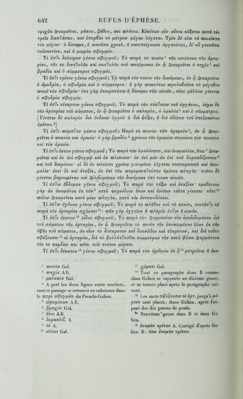 Tpi^œs Q-£ù)peh(u, prjHos, ^ddos, xai •zs^.dTOS. Eihotus oZv ovtos aZ^erai xaià ràç rpsTs Siaffidaeis, xaï vTiepSàç to pérpov pé^as Xé-yerai. Tpia Sé eiai rà'ZSotovvTa 70V péyav 7? Svvapis,^ ^civovaa y^potâ, 77 x'tTenslyovaoi. opyavàrrjs, Si' ov yevvârai 7ovvavTiov, xai ô ptxpo$ aÇvypos. Ti èalt èsvTepov yévos (rÇ>vypov ; To -crapà to Trroiôv^ Trjs xtvinaecos rrjs àpTrj- pîas, Tïjs 7£ êiaaloXÿjs xcil avaloXrjs tov 'zsvevpovos èv œ Q-eccpeÏTai ô Tayvs^ xai ^paSùs xaï ô (jvppSTpos aÇ>vyp6$. T/ ècxli rphov yévos a-Çivypov; To -:ffapà tov tovov rfjs êvvdpeùjs, èv Z B-eupeTiat ô dpoSpos, ô a<poêpos jcai ô avppsrpos ‘ ri y dp 'zsvxvor'os TspoXa^ovaa to péyedos tsoisItov aÇioêpàv' ot£ y dp èxixpaTniaei 77 êvvapis tcov ahiôov, tots pâXXov ytverat ô aÇioSpos (j(pvyp6s. T/ èaTi réraprov yévos <j(pvypùv; To ®apà Tr)v aZa'laciv tou opydvov, Xéya êrj 7fjs apTuiploLS TOV aœpaTos, èv 5 Q-soopeÏTai ô (jxXripos, ô ôpaXos^ xai 6 crviiperpos. [r/y£Ta/ êè (TxXvpos Sid êvêeiav vypov 77 Std ^v^iv, rj êid oêvjfnv tov vt^c^coxotos vpévos.‘^] T< ££t7< Tsépxlov yévos cÇvypov; Ilapd to tsogov tô5v ripspiôùv^, èv w Q-eu- psÎTai ô Tsvxvbs xai dpaiôs' ô y dp ^paêvs ® y^povos rrjs vpsptois anpatvei tov tsvxvZv xai TOV dpaiov. Tl £(t7{ ëxTov yévos GÇivypov ; To TSapd tyiv opaAoTTjTa, xai dvwpaXiav, iiTis ’ Q-eci)- peÎTai xai èv évi a<pvypw xai èv TaXetoaiv èv évi pèv œs èxi tov ^op«a<5/^orTos ** xai tov SixpoTov' eî Sè èv TsXeioai ypôvù) yivopévw XéycTai avGTTtpaTixri xai dvco- paXi'a’ èxeï êè xai ctTa|/a, œs èxi Trjs Tsapep-rixlovcnis vpévos TS^riyrjs tovto êè ytvsTai ^apovpévrjs xai Q-XiSopévris Ttjs êvvdpecas vt:6 tivwv ahiœv. Tt èaltv ëêêopov yévos GÇvypov ; To Tsapd Triv Td^iv xai aTa^iav TpvdévTos ydp œs dvœpdXov èx tc5v^ xaTa 'useptoêovs iGœv xai dviaœv TavTa yiverar oi»t£*® TsdXiv B-eœpeÎTai xaTd ptav TsXnyrjv, xaTd Tds dvTaTïoêàaeis. Ti èa'hv Syêoov yévos al^vypov; Tô TSapà to TsXrjdos xai to xevov, TOVTéa'h Tœ TSapd Tïjs àpT77p/as ayvpaTt “ • Tffav ydp dyyeïov df 'zyXrjpés èaliv rj xsvôv. Ti èali êvaTov^^ eiêos a(pvypov ; To Tsapà ttiv Q-sppaaiav Tr\v dvaêiêopéviiv êid TOV acêpaTos TŸjs dpTïjpias, èv 5 B-eœpeÏTai to tsowv Tfjs vTioxetpévvs ilXvs êx tvs d(Pr}s TOV aœpaTOS, œs oïov to êvGxpaTOV xai êaxvœêes xai evxpaTov, xai êiaTOVTo a<pv^ov(jiv aî dpTripiat, êtà to (pvXXdTltaQai avppéTpœs tyiv xaTd <pvaiv Q-eppÔTriTa Tïjs T£ xapêias xai Tsdai to7s tovtov pépeai. Ti ècrh êéxaTov^'* yévos GÇ>vypov ; To Tffapd tov dpiÔpov èv œ^^ psTpsÏTai d) àva- ' TSOGOV Gai. “ XypaTt Gai. Tsayys AB. Tout ce paragraphe dans B comme ^ paXaxos Gai. dans Galien se rapporte au dixième genre, * A part les deux lignes entre crochets, et se trouve placé après le paragraphe sui- tout ce passage se retrouve en substance dans vant. le TSSpi G<Pvypœv du Pseudo-Galien. Les mots <7(pu^ouo’/v a/ctpT. jusqu’à (i£- ® eipvpévœv A B. p£Gt sont placés, dans Galien, après l’ei- ‘ ^payvs GaL posé des dix genres de pouls. ’ riToi AB. Neuvième‘genre dans B et dans Ga- ’ SopxaXl^. A. lien. * TO A. èvopdiv Tphriv A. Corrigé d’après Ga- '* ovTœs Gai. lien. B : è^œ ëvopdiv Tphriv.