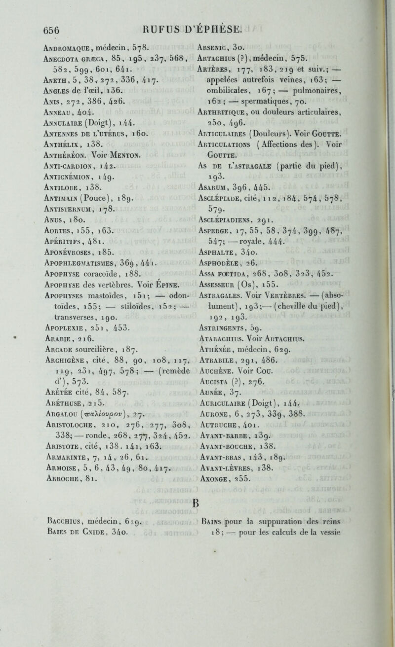 Andromaque , médecin, 578. Anecdota GRÆCA, 85, ig5, 287, 56^ 582, 599,601, 64i. Aneth, 5, 38,- 272 , 336, 417. Angles de l’œil, i36. Ams, 272, 386, 426. Anneau, 4o4. Annulaire (Doigt), i44. Antennes de l’utérus, 160. Aisthélix, i38. AnthÉréon. Voir Menton. Anti-cardion, i42. AntiCxNÉmion , 149. Antilode, i38. AnTI.MAIN (Pouce), 189. Antisternum, 178. Anus, 180. Aortes, i55, i63. Apéritifs, 481. Aponévroses, i85. Apophlegmatismes, 369,441. Apophyse coracoïde, 188. Apophyse des vertèbres. Voir Épine. Apophyses mastoïdes, i5i; — odon- toïdes, i55; — sllloïdes, 162; — transverses, 190. Apoplexie, 261, 453. Arabie, 216. Arcade sourcilière, 187. Archigène , cité, 88, 90, 108, 117, 119, 281, 497, 578; — (remède d’), 578. ArétÉe cité, 84, 587. Aréthuse, 215. Argalou (-nraX/oypop), 27. Aristoloche, 210, 276, 277, 3o8, 338; — ronde, 268, 27^, 824, 452. Aristote, cité, i38. i4i, i63. Armarinte, 7, i4, 26, 61. Armoise, 5, 6 , 43,4g , 80, 417. Arroche, 81. Bacchius, médecin, 629. Baies de Cnide, 34o. Arsenic, 3o. , Artachius (?),médecin, 575. Artères, 177, 183,219 et suiv.; — appelées autrefois veines, i63; — ombilicales, 167;— pulmonaires, 162 ; — spermatiques, 70. Arthritique, ou douleurs articulaires, 25o, 496. Articulaires (Douleurs). Voir Goutte. Articulations ( Affections des ). Voir Goutte. As DE l’astragale (partie du pied), 193. Asarum, 396, 445. AsclÉpiade, cité, 112, i84, 674, 578, 579- Asclépiadiens, 291. Asperge, 17, 55, 58, 874, 899, 487, 547; —royale, 444- Asphalte, 34o. Asphodèle, 26. Assa fcetida, 268, 3o8, 828, 452. Assesseur (Os), i55. Astragales. Voir Vertèbres. — (abso- lument), ig3;— (cheville du pied), 192, icj3. Astringents, 69. Atarachius. Voir Artachius. AthÉnÉe, médecin, 629. Atrabile, 291, 486. AuchÈne. Voir Cou. Aucista (?), 276. Aünée, 37. Auriculaire (Doigt), i44. Aurone, 6, 278, 339, 388. Autruche , 4o 1. Avant-barbe, 189. Avant-bouche, i38. Avant-bras , 143, 189. Avant-lèvres, i38. Axonge, 2 55. Bains pour la suppuration des reins 18 ; — pour les calculs de la vessie