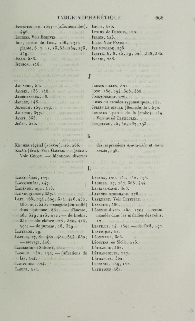 Intestins , 22, 167 ;— ( affections des ), 496. Intybes. Voir Endives. Iris, partie de l’œil, i36, 171; — plante ,6,7, 11, 13,55 , 254,2 449. IsAAC, 583, Ischion, i48. Jacinthe, 55. Jambes, i35, i48. Jambonneaux, 58. Jarret, i48. Jéjunum, 157, 179. Jaunisse, 877. Jayet, 363. Jeûne, 52 5. Kermès végétal [kôkkos), 26, 266. Ko<A/a (à'vw). Voir Gaster. — (hcctco Voir CÔLON. — Mentions diverse IsiGUS, 426. Isthme de Tutérus, 160. Itrion, 42 3. Iules. Voir Favoris. IVE MUSCADE, 278. Ivette, g, 8, i5, 29, 323, 338,385. Ivraie, 288. J Jeunes filles, 3oi. Jonc, 289, 294,3o8, 388. Jonc-souchet, 276. Jougs ou arcades zygomatiques, 102. Julien le diacre (Remède de), 572. Jumeaux (partie de la jambe), i/jg. Voir aussi Testicules. JuSQUIAME, 25, 4o, 287, 298. K des expressions aix» HotXia et Kaico fwiÀ/cCf 5g8. LaccopÈdon, 147. Laccoschéas, 147. Ladanum, 292 , 413. Laines grasses, 387. Lait, i65, 274, 809, 3i4, 4i6,452, 486,491,543;—coagulé (ou caillé) dans l’estomac, 531; — d'ânesse, 28, 349,418,422;—• de brebis, 33; — de chèvre, 28, 34q, 428, 492; — de jument, 28, 349- Laiteron, 29. Laitue, 17, 81, 43o , 481, 544, 65o; — sauvage, 426. Lambdoïde (Suture), i5i. Langue, i4o, 172; —(affections de la), 474. Lapathum, 874, Lapins, 4i4* L Larynx, i4o, i4i, i42, lyâ- Laurier, 27, 287, 368, 44L Laurier-casse, 3o8. Lavande stoechade, 276. Lavement. Voir Clystère. Laxatifs, 486. Légumes divers, 289, 270; — recom- mandés dans les maladies des reins, ^7* Lentille, i4, 289; — de l’œil, 172. Lentisque, 42. Léontiasis, 3o5. Léontins, en Sicile, 2 i5. Léthargie, 462. Léthargiques, 227. Léthargus, 364. Leucanie, 189, 142. Levisticus , /] 81.