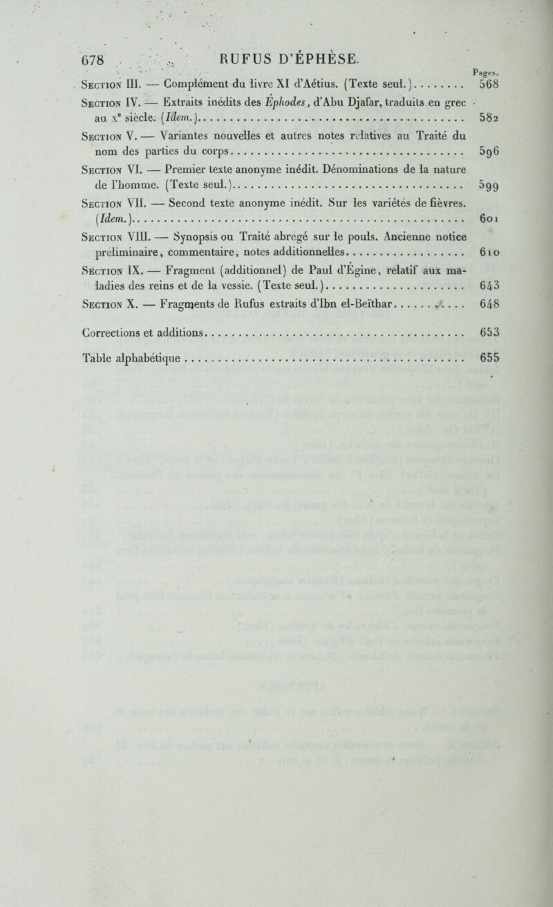 Pages. . Section 111. — Complément du livre XI d’Aétius. (Texte seul.) 568 Section IV. — Extraits inédits des Ephodes, d’Abu Djafar, traduits en grec ■ au X® siècle. [Idem.) 582 Section V. — Variantes nouvelles et autres notes relatives au Traité du nom des parties du corps . 696 Section VI. — Premier texte anonyme inédit. Dénominations de la nature de riiomme. (Texte seul.) 699 Section VII. — Second texte anonyme inédit. Sur les variétés de fièvres. [Idem.) 601 Section VIII. — Synopsis ou Traité abrégé sur le pouls. Ancienne notice préliminaire, commentaire, notes additionnelles 610 Section IX.— Fragment (additionnel) de Paul d’Égine, relatif aux ma- ladies des reins et de la vessie. (Texte seul.) 643 Section X. — Fragments de Rufus extraits dTbn el-Beïthar *. . . , 648 Corrections et additions 653 Table alphabétique 655