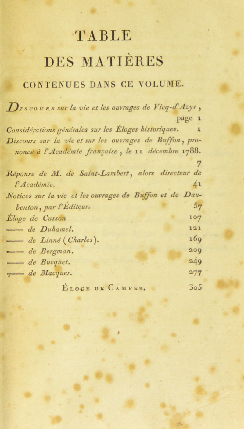 TABLE DES MATIÈRES ÿ CONTENUES DANS CE VOLUME. D J s CO U R s sur la vie et les ouvrages de Vicq-dtAzyr y page 1 Considérations générales sur les Éloges historiques. i Discours sur la vie et sur les ouvrages de Buffon, pro- noncé d VAcadémie française , /e 11 décembre 1788. 7 Réponse de M. de Saint-Lambert y alors directeur de V Académie. 4*' Notices sur la vie et les ouvrages de Buffon et de Dau- benton j par VÉditeur. Éloge de Cusson 107 de Duhamel. 121 -- — - de Linné {^Charles^. 169 —— de Bergman. 'T 209 de Bucquet. • 249 de ]\Iacquer. 277