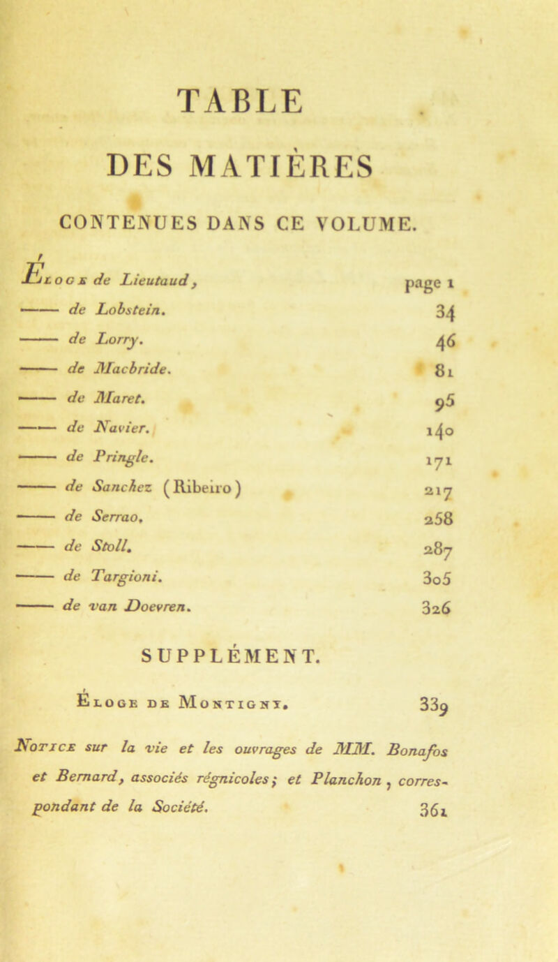 TABLE DES MATIÈRES CONTENUES DANS CE VOLUME. r Eêlogs de Lieutaudy page 1 —— de Lobstein. 34 de Lorry. 46 de Macbride. 81 —— de JMaret. 95 —— de Navier. 140 de Pringle. 171 de Sanchez (Ribeiio) 217 de Serrao, 258 de Stoll, 287 de Targioni. 3o5 —' ■ de van Doevren. 326 SUPPLÉMENT. ËlOGE de MonTIGNT, 339 I^OTJCM sur la vie et les ouvrages de ilOT. Bonafos et Bernard, associés régnicoles} et Planchon ^ corres^ fondant de la Société. 361