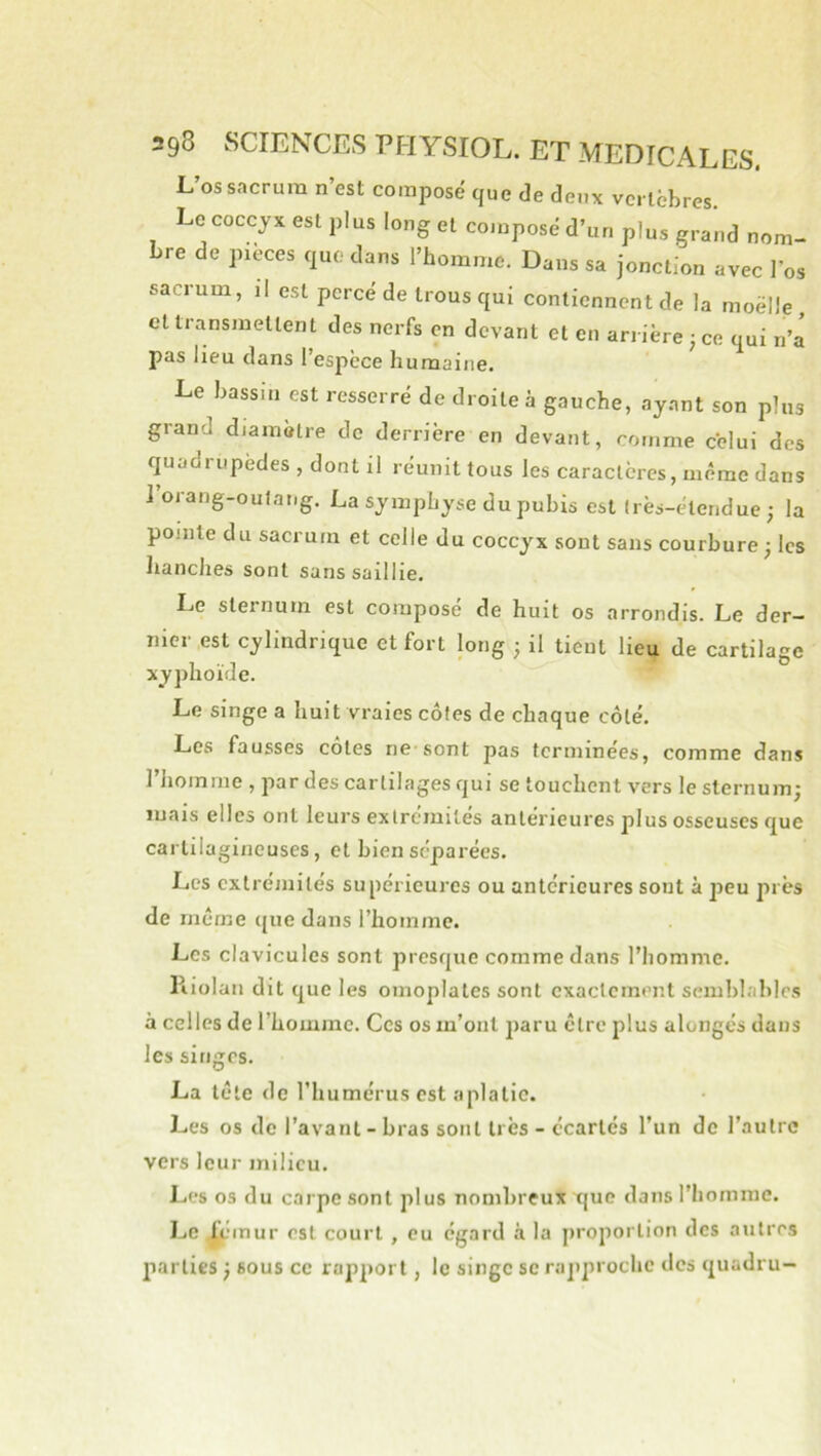 L’os sacrum n’est composé que de deux vertébrés. Le coccyx est plus long et composé d’un plus grand nom- bre de pièces que dans l’homme. Dans sa jonction avec los sacrum, il est percé de trous qui contiennent de la moelle et transmettent des nerfs on devant et en arrière j ce qui n’â pas lieu dans l’espèce humaine. Le bassin est resserré de droite à gauche, ayant son plus grand diamètre de derrière en devant, comme celui des quadrupèdes , dont il réunit tous les caractères, même dans 1 orang-outang. La symphyse du pubis est très-étendue ; la pointe du sacrum et celle du coccyx sont sans courbure; les hanches sont sans saillie. IjC sternum est compose de huit os arrondis. Le der- nier est cylindrique et fort long ; il tient lieu de cartilage xyphoïde. Le singe a huit vraies côtes de chaque côté. Les fausses côtes ne sont pas terminées, comme dans riiomrne , par des cartilages qui se touchent vers le sternum; mais elles ont leurs extrémités antérieures plus osseuses que cartilagineuses, et bien séparées. Les extrémités supérieures ou antérieures sont à peu près de même que dans l’homme. Les clavicules sont presque comme dans l’homme. Kiolan dit que les omoplates sont exactement semblables à celles de l’homme. Ces os m’ont paru être plus alongés dans les singes. La tête de l’humérus est aplatie. Les os de l’avant - bras sont très - écartés l’un de l’autre vers leur milieu. Les 03 du carpe sont plus nombreux que dans l’homme. I^e ^émur est court , eu égard à la proportion des autres parties ; sous ce rapport, le singe sc rapproche des quadru-