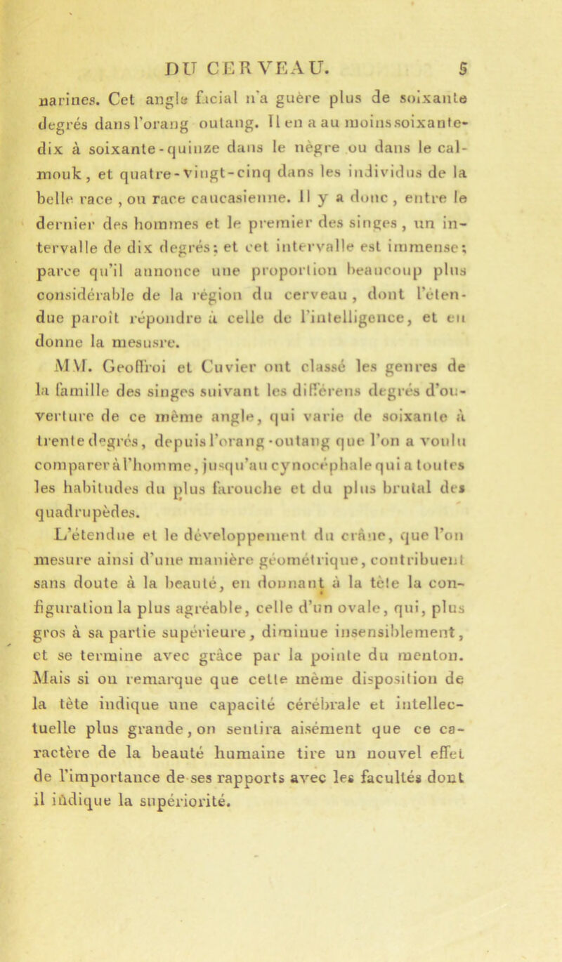 narines. Cet angle f.icial n'a guère plus de soixante degrés clansl’orang oulang. Il en a au luoinssoixante- dix à soixante-quinze clans le nègre ou dans le cal- mouk, et quatre-vingt-cinq dans les individus de la belle race , on race caucasienne. Il y a donc , entre le dernier des hommes et le premier des singes , un in- tervalle de dix degrés: et cet intervalle est immense; parce qu’il annonce une proportion beaucoup pins considérable de la région du cerveau , dont l’éten- due paroît répondre à celle de l’intelligence, et en donne la niesusre. M\I. Geofl’roi et Cuvier ont classé les genres de la l'amille des singes suivant les diRerens degrés d’ou- verture de ce même angle, qui varie de soixante à tientedegrés, depuisl’orang-outaiig que l’on a voulu comparer àl’homme, jusqu’au cynocéphale qui a toutes les habitudes du plus farouche et du plus brutal des quadrupèdes. L’étendue et le développement du crâne, que l’on mesure ainsi d’une manière géométrique, contribuent sans doute à la beauté, en donnant à la tète la con- * i figuration la plus agréable, celle d’un ovale, qui, plus gros à sa partie supérieure, diminue insensiblement, et se termine avec grâce par la pointe du menton. Mais si ou remarque que cette même disposition de la tète indique une capacité cérébrale et intellec- tuelle plus grande, on sentira aisément que ce ca- ractère de la beauté humaine tire un nouvel effet de l’importance de ses rapports avec les facultés dont il indique la supériorité.