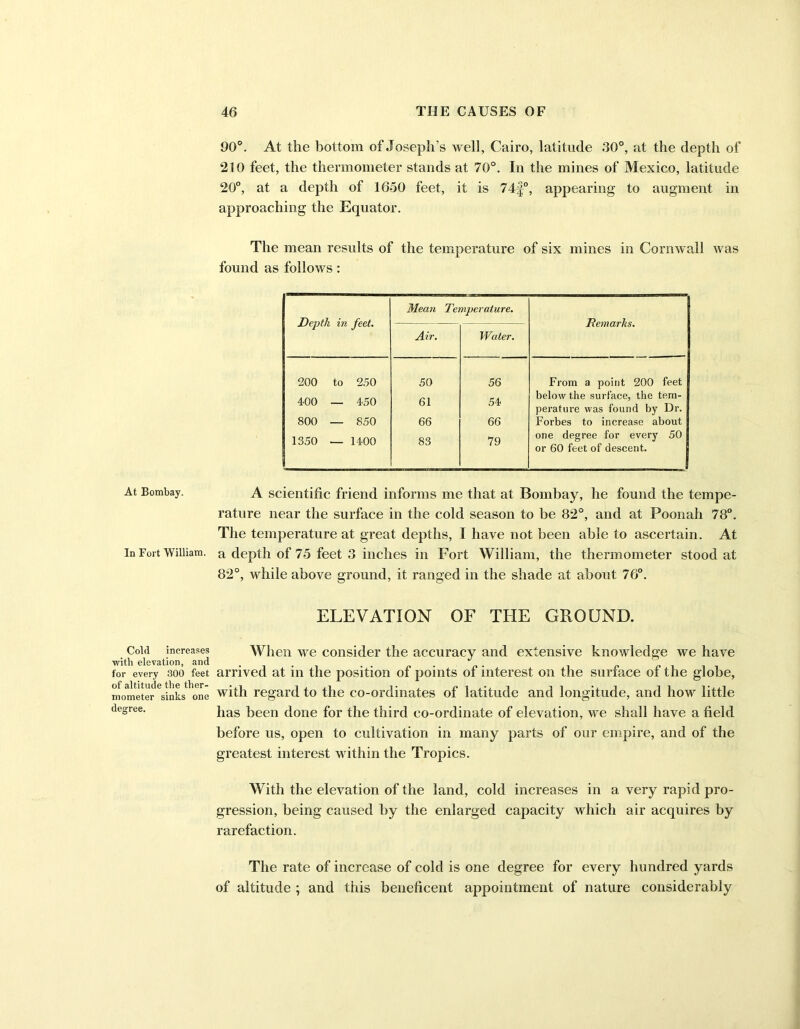 At Bombay. In Fort William. Cold increases with elevation, and for every 300 feet of altitude the ther- mometer sinks one degree. 90°. At the bottom of Joseph’s well, Cairo, latitude 30°, at the depth of 210 feet, the thermometer stands at 70°. In the mines of Mexico, latitude 20°, at a depth of 1650 feet, it is 74f°, appearing to augment in approaching the Equator. The mean results of the temperature of six mines in Cornwall was found as follows: Depth in feet. Mean Temperature. Remarks. Air. Water. 200 to 250 50 56 From a point 200 feet below the surface, the tern- 400 — 450 61 54 perature was found by Dr. 800 — 850 66 66 Forbes to increase about 1350 — 1400 83 79 one degree for every 50 or 60 feet of descent. A scientific friend informs me that at Bombay, he found the tempe- rature near the surface in the cold season to be 82°, and at Poonah 78°. The temperature at great depths, I have not been able to ascertain. At a depth of 75 feet 3 inches in Fort William, the thermometer stood at 82°, while above ground, it ranged in the shade at about 76°. ELEVATION OF THE GROUND. When we consider the accuracy and extensive knowledge we have arrived at in the position of points of interest on the surface of the globe, with regard to the co-ordinates of latitude and longitude, and how little has been done for the third co-ordinate of elevation, we shall have a field before us, open to cultivation in many parts of our empire, and of the greatest interest within the Tropics. With the elevation of the land, cold increases in a very rapid pro- gression, being caused by the enlarged capacity which air acquires by rarefaction. The rate of increase of cold is one degree for every hundred yards of altitude ; and this beneficent appointment of nature considerably