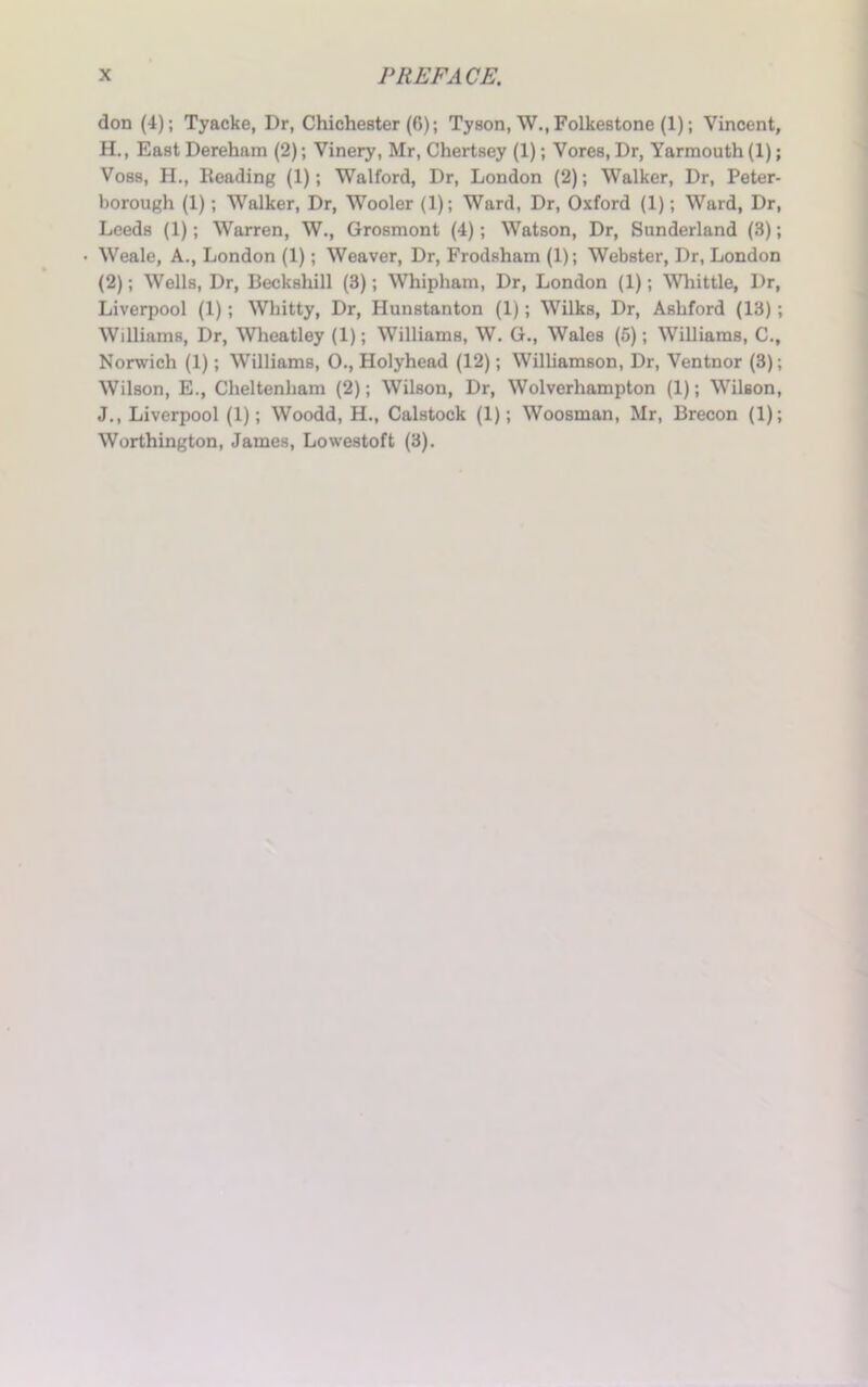 don (4); Tyacke, Dr, Chichester (6); Tyson, W., Folkestone (1); Vincent, H., East Dereham (2); Vinery, Mr, Chertsey (1); Vores, Dr, Yarmouth (1); V088, H., Reading (1); Walford, Dr, London (2); Walker, Dr, Peter- borough (1); Walker, Dr, Wooler (1); Ward, Dr, Oxford (1); Ward, Dr, Leeds (1); Warren, W., Grosmont (4); Watson, Dr, Sunderland (3); Weale, A., London (1); Weaver, Dr, Frodsham (1); Webster, Dr, London (2); Wells, Dr, Beckshill (3); Whip ham, Dr, London (1); Whittle, Dr, Liverpool (1); Whitty, Dr, Hunstanton (1); Wilks, Dr, Ashford (13); Williams, Dr, Wheatley (1); Williams, W. G., Wales (5); Williams, C., Norwich (1); Williams, 0., Holyhead (12); Williamson, Dr, Ventnor (3); Wilson, E., Cheltenham (2); Wilson, Dr, Wolverhampton (1); Wilson, J., Liverpool (1); Woodd, H., Calstock (1); Woosman, Mr, Brecon (1); Worthington, James, Lowestoft (3).