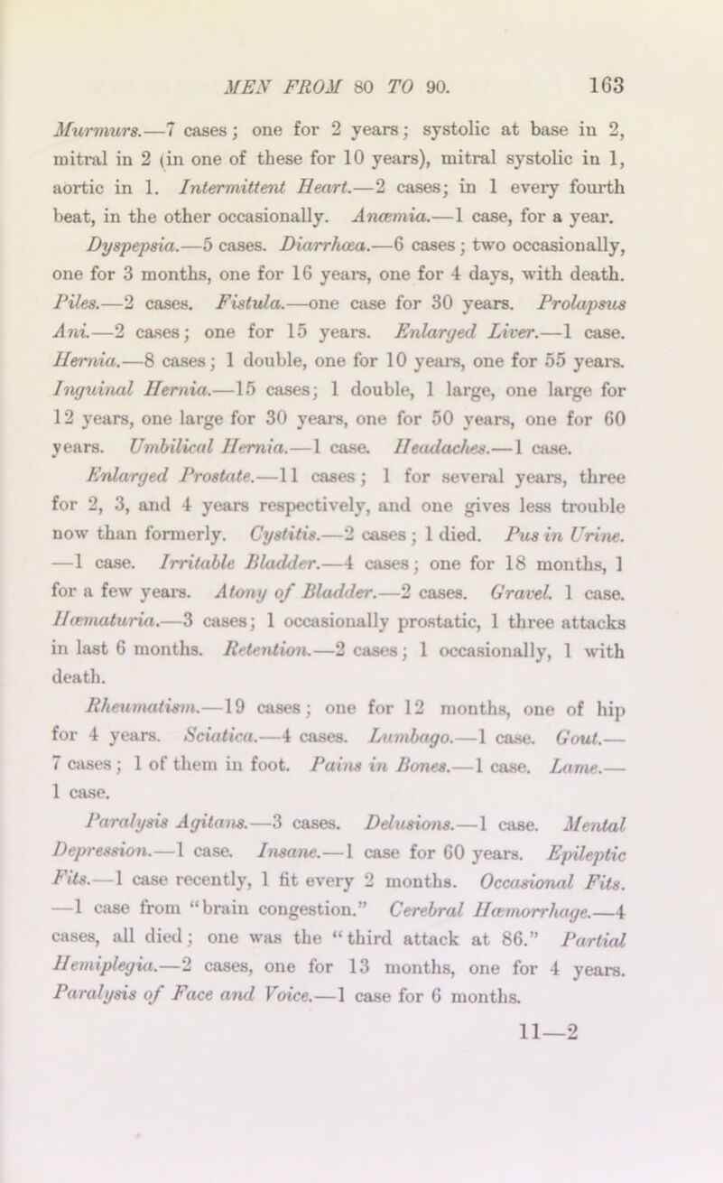 Murmurs.—7 cases; one for 2 years; systolic at base in 2, mitral in 2 (in one of these for 10 years), mitral systolic iu 1, aortic in 1. Intermittent Heart.—2 cases; in 1 eveiy fourth beat, in the other occasionally. Aneemia.—1 case, for a year. Dyspepsia.—5 cases. Diarrhoea.—6 cases; two occasionally, one for 3 months, one for 16 years, one for 4 days, with death. Piles.—2 cases. Fistula.—one case for 30 years. Prolapsus Ani.—2 cases; one for 15 years. Enlarged Liver.—1 case. Hernia.—8 cases; 1 double, one for 10 years, one for 55 years. Inguinal Hernia.—15 cases; 1 double, 1 large, one large for 12 years, one large for 30 years, one for 50 years, one for 60 years. Umbilical Hernia.—1 case. Headaches.—1 case. Enlarged Prostate.—11 cases; 1 for several years, three for 2, 3, and 4 years respectively, and one gives less trouble now than formerly. Cystitis.—2 cases ; 1 died. Pus in Urine. —1 case. Irritable Bladder.—4 cases; one for 18 months, 1 for a few yeais. Atony of Bladder.—2 cases. Gravel. 1 case. Ucematuria.—3 cases; 1 occasionally prostatic, 1 three attacks in last 6 months. Retention.—2 cases; 1 occasionally, 1 with death. Rheumatism.—19 cases; one for 12 months, one of hip for 4 years. Sciatica.—4 cases. Lumbago.—1 case. Gout.— 7 cases; 1 of them in foot. Pains in Bones.— 1 case. Lame.— 1 case. Paralysis Agitans.—3 cases. Delusions.—1 case. Mental Depression.—1 case. Insane.—1 case for 60 years. Epileptic Fits.—1 case recently, 1 fit every 2 months. Occasional Fits. —1 case from “brain congestion.” Cerebral Ucemorrhage.—4 cases, all died; one was the “third attack at 86.” Partial Hemiplegia.—2 cases, one for 13 months, one for 4 years. Paralysis of Face and Voice.—1 case for 6 months. 11—2