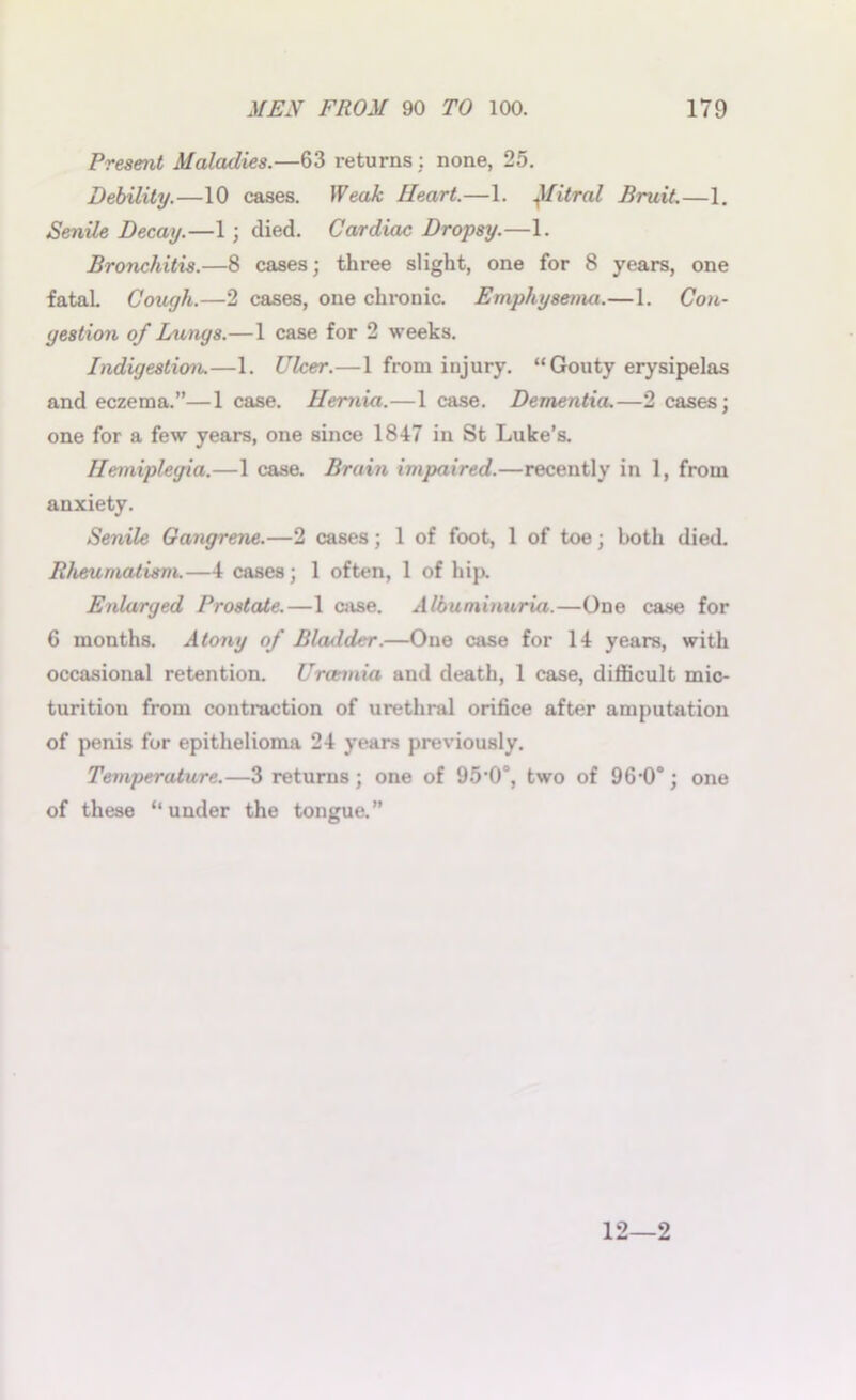 Present Maladies.—63 returns ; none, 25. Debility.—10 cases. Weak Heart.—1. Jfitral Bruit.—1. Senile Decay.—1; died. Cardiac Dropsy.—1. Bronchitis.—8 cases; three slight, one for 8 years, one fatal. Cough.—2 cases, one chronic. Emphysema.—1. Con- gestion of Lungs.—1 case for 2 weeks. Indigestion.—1. Ulcer.—1 from injury. “Gouty erysipelas and eczema.”—1 case. Hernia.—1 case. Dementia.—2 cases; one for a few years, one since 1847 in St Luke’s. Hemiplegia.—1 case. Brain impaired.—recently in 1, from anxiety. Senile Gangrene.—2 cases; 1 of foot, 1 of toe; both died. Rheumatism.—4 cases; 1 often, 1 of hip. Enlarged Prostate.—1 case. Albuminuria.—One case for 6 months. Atony of Bladder.—One case for 14 years, with occasional retention. Urannia and death, 1 case, difficult mic- turition from contraction of urethral orifice after amputation of penis for epithelioma 24 years previously. Temperature.—3 returns; one of 95’0°, two of 96'0°; one of these “under the tongue.” 12—2