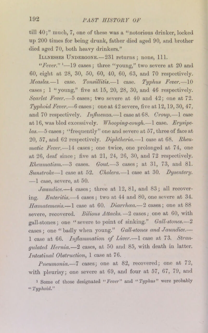 till 40;” much, 7, one of these was a “notorious drinker, locked up 200 times for being drunk, father died aged 90, and brother died aged 70, both heavy drinkers.” Illnesses Undergone.— 231 returns; none, 111. “Fever.” 1—19 cases; three “young,” two severe at 20 and 60, eight at 28, 30, 50, 60, 40, 60, 63, and 70 respectively. Measles.—1 case. Tonsillitis.—1 case. Typhus Fever.—10 cases; 1 “young,” five at 15, 20, 28, 30, and 46 respectively. Scarlet Fever.—5 cases; two severe at 40 and 42; one at 72. Typhoid Fever.—6 cases; one at 42 severe, five at 12, 19, 30, 47, and 70 respectively. Influenza.—1 case at 68. Croup.—1 case at 16, was bled excessively. Whooping-cough.—1 case. Erysipe- las.—5 cases; “frequently” one and severe at 57, three of face at 20, 57, and 62 respectively. Diphtheria.—1 case at 68. Rheu- matic Fever.—14 cases; one twice, one prolonged at 74, one at 26, deaf since; five at 21, 24, 26, 30, and 72 respectively. Rheumatism.—3 cases. Gout.—3 cases; at 31, 73, and 81. Sunstroke—1 case at 52. Cholera.—1 case at 30. Dysentery. —1 case, severe, at 50. Jaundice.—4 cases; three at 12, 81, and 83; all recover- ing. Enteritis.—4 cases ; two at 44 and 80, one severe at 34. Iicematemesis.—1 case at 60. Diarrhoea.— 2 cases ; one at 88 severe, recovered. Bilious Attacks.—2 cases; one at 60, with gall-stones; one “severe to point of sinking.” Gall-stones.—2 cases; one “badly when young.” Gallstones and Jaundice.— 1 case at 66. Inflammation of Liver.—1 case at 73. Straiv- gidated Hernia.—2 cases, at 50 and 85, with death in latter. Intestinal Obstruction, 1 case at 76. Pneumonia.—7 cases; one at 82, recovered; one at 72, with pleurisy; one severe at 69, and four at 57, 67, 79, and 1 Some of those designated “jFever” and “Typhus were probably “ Typhoid.