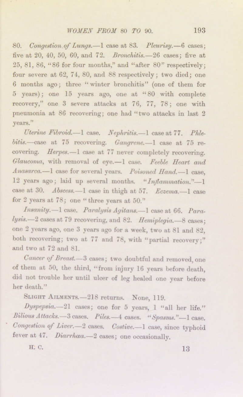 80. Congestion.of Lungs.—1 case at 83. Pleurisy.—6 cases; five at 20, 40, 50, 60, and 72. Bronchitis.—26 cases; five at 25, 81, 86, “86 for four months,” and “after 80” respectively; four severe at 62, 74, 80, and 88 respectively; two died; one 6 months ago; three “ winter bronchitis” (one of them for 5 years); one 15 years ago, one at “80 with complete recovery,” one 3 severe attacks at 76, 77, 78; one with pneumonia at 86 recovering; one had “two attacks in last 2 years.” Uterine Fibroid.—1 case. Nephritis.—1 case at 77. Phle- bitis.—case at 75 recovering. Gangrene.—1 case at 75 re- covering. Herpes. — 1 case at 77 never completely recovering. Glaucoma, with removal of eye.— 1 case. Feeble Heart and Anasarca.—1 case for several years. Poisoned Hand.—1 case, 12 years ago; laid up several months. “Inflammation.”—1 case at 30. Abscess.—1 case in thigh at 57. Eczema.—1 case for 2 years at 78; one “ three years at 50.” Insanity. — lease. Paralysis Agitans.—1 case at 66. Para- lysis.—2 cases at 79 recovering, and 82. Hemiplegia.—8 cases; one 2 years ago, one 3 years ago for a week, two at 81 and 82, both recovering; two at 77 and 78, with “partial recovery; and two at 72 and 81. Cancer oj Breast.—3 cases; two doubtful and removed, one of them at 50, the third, “from injury 16 years before death, did not trouble her until ulcer of leg healed one year before her death.” Slight Ailments.—218 returns. None, 119. Dyspepsia.—21 cases; one for 5 years, 1 “all her life.” Bilious Attacks.—3 cases. Piles.—4 cases. Spasms.—lease. I ongestion of Liver.—2 cases. Costive.—1 case, since typhoid fever at 47. Diarrhoea.—2 cases; one occasionally. H. C. 13