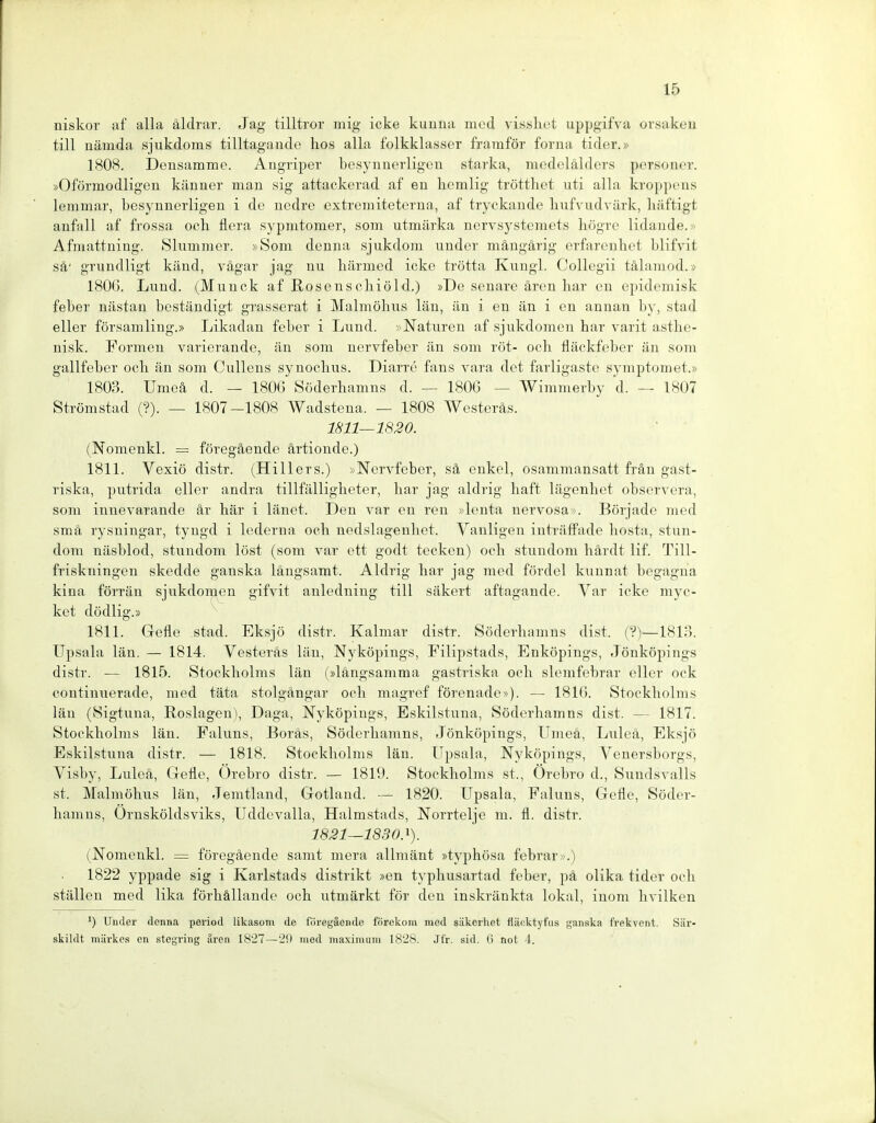 niskor af alla äldrar. Jag tilltror mig icke kunna med vissliut uppgifva orsaken tili nämda sjukdoms tilltagande hos alla folkklasser fraraför forna tider.» 1808. Densamme. Angriper besynnerligen starka, medelälders personer. »Oförmodligen känner man sig attackerad af en licmlig trötthet uti alla kroppons lenimar, besynnerligen i de nedre extreniiteterna, af tryckande kufvudvärk, liäftigt anfall af frossa och flera sypmtomer, som utmärka nervsystemets högrc lidande.» Afmattniug. 81ummer. »Soni denna sjukdom imder mängärig erfarcnhet blifvit sä' grundligt känd, vägar jag nu härmcd icke trötta Kungl. Collegii tälamod.» 1806. Lund. (Munck af Rosenschiöld.) »De senare ärcn har en epidemisk feher nästan beständigt grasserat i Malmöhiis län, än i en än i en annan by, stad eller församliug.» Likadan feber i Lund. »Naturen af sjukdomen har varit asthe- nisk. Formen varierande, än som nervfeber än som röt- och fläckfeber än som gallfeber och än som Gullens synochus. Diarre fans vara det farligasto symptomet.» 1803. Umoä d. — 1806 Soderhamns d. — 1806 — Wimmerby d. — 1807 Strömstad (?). — 1807-1808 Wadstena. — 1808 Westeräs. 1811—1820. (Nomenkl. = föregäende ärtionde.) 1811. Vexiö distr. (Hillers.) »Nervfeber, sä enkel, osammansatt frän gast- riska, putrida eller andra tillfälligheter, har jag aldrig haft lägenhet observera, som innevarande är här i länet. Den var en ren »lenta nervosa». Började med smä rysningar, tyngd i lederna och nedslagenliet. Vanligen inträffade hosta, stun- dom näsblod, stundom löst (som var ett godt tecken) och stundom härdt lif. Till- friskningen skedde ganska längsamt. Aldrig har jag med fördel kunnat begagua kina förrän sjukdomen gifvit anledning tili säkert aftagande. Var icke myc- ket dödlig.» 1811. Gefle stad. Eksjö distr. Kalmar distr. Soderhamns dist. (?)—1813. Upsala län. — 1814. Vesteräs län, Nyköpings, Pilipstads, Enköpings, Jönköpings distr. — 1815. Stockholms län (»längsamma gastriska och slemfebrar eller ock continuerade, med täta stolgängar och magref förenade»). — 1816. Stockholms län (Sigtuna, Roslagen), Daga, Nyköpings, Eskilstuna, Söderhamns dist. — 1817. Stockholms län. Faluns, Boräs, Söderhamns, Jönköpings, Umeä, Luleä, Eksjö Eskilstuna distr. — 1818. Stockholms län. Upsala, Nyköpings, Venersborgs, Visby, Luleä, Gefle, Örebro distr. — 1819. Stockholms st., Örebro d., Sundsvalls st. Malmöhus län, Jemtland, Gotland. — 1820. Upsala, Faluns, Gefle, Söder- hamns, Ornsköldsviks, Uddevalla, Halmstads, Noi'rtelje ni. fl. distr. 1821—1830.^). (Nomenkl. = föregäende samt mera allmänt »typhösa febrar».) 1822 yppade sig i Karlstads distrikt »en typhusartad feber, pä olika tider och Ställen med lika förhällande och utmärkt för den inskränkta lokal, inom hvilken *) Under denna peiiod likasom de füresjaende förekom med siikorhct flii<:ktyfiis ganska frekvent. Siir- skildt miivkes cn stegring ären iy'27 — 2!) med maxinuini 1828. Jfr. sid. 0 not 4.