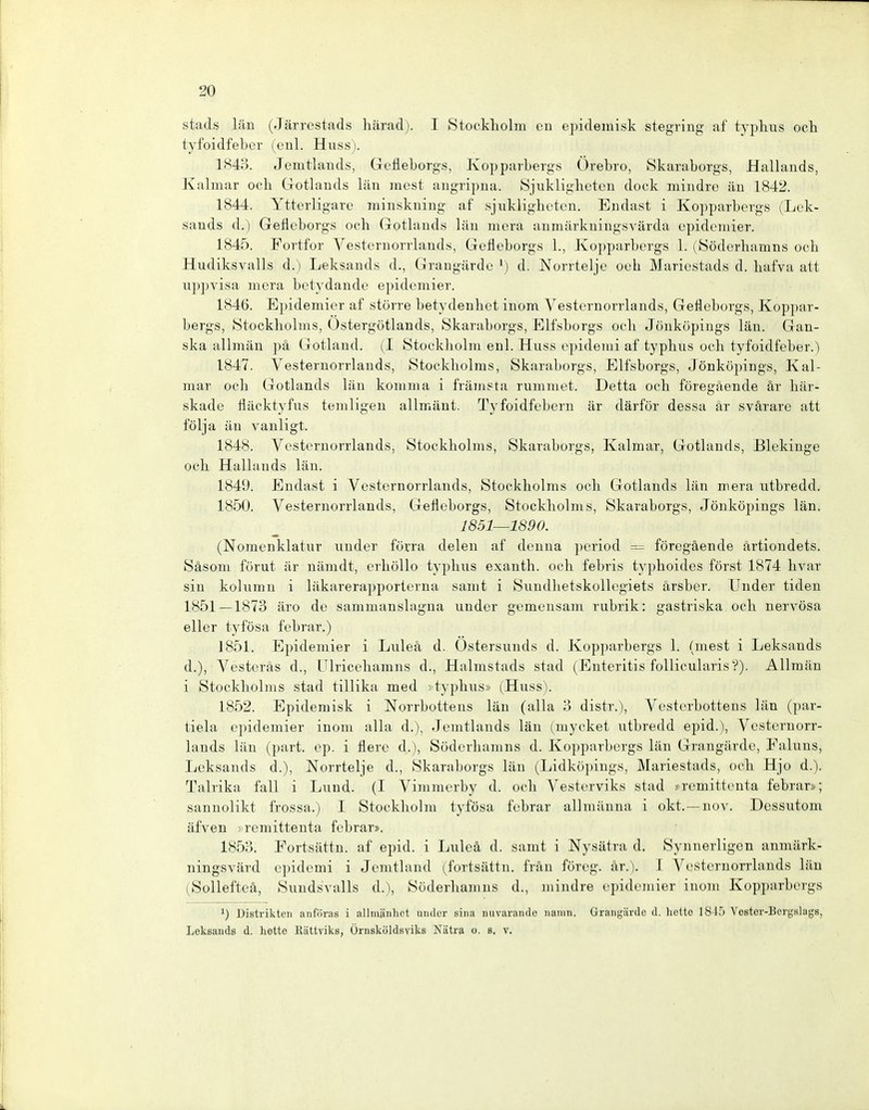 stads län (Järrestads härad). I Stockholm en epidemisk stegring af typhiis oct tyfoidfeber (enl. Hussj. 1843. Jemtlands, Gefleborgs, Kopparbergs Örebro, Skaraborgs, Hailands, Kalmar och Grotlands län mest angripna. Sjukligheten dock mindre äu 1842. 1844. Ytterligare minskning af sjuklighctcn. Endast i Kopparbergs (Lek- sands d.) Gefleborgs och Gotlands läu mcra anmärkningsvärda cpidemier. 1845. Fortfor Vesternorrlands, Gefleborgs 1., Kopparbergs 1. (Södcrhamns och Hudiksvalls d.) Leksands d., Graugärdo i) d. Norrtelje ouh Mariestads d. hafva alt uppvisa mera betydande epidemier. 1846. Epidemier af större betydenhct inom Vesternorrlands, Gefleborgs, Koppar- bergs, Stockholms, Ostergötlands, Skaraborgs, Elfsborgs och Jönköpings län. Gan- ska alimän pä Gotland. (I Stockholm enl. Huss epidemi af typhus och tyfoidfeber.) 1847. Vesternorrlands, Stockholms, Skaraborgs, Elfsborgs, Jönköpings, Kal- mar och Gotlands län komma i främsta rummet. Detta och föregäende är här- skade fläcktyfus temligen allmänt. Tyfoidfebern är därför dessa är svärare att följa än vanligt. 1848. Vesternorrlands, Stockholms, Skaraborgs, Kalmar, Gotlands, Eickinge och Mailands län. 1849. Endast i Vesternorrlands, Stockholms och Gotlands län mera utbredd. 1850. Vesternorrlands, Gefleborgs, Stockholms, Skaraborgs, Jönköpings län. 1851—1890. (Nomenklatur imder förra delen af denna period = föregäende ärtiondets. Säsom förut är nämdt, erhöllo typhus exanth. och febris typhoides först 1874 hvar sin kolumn i läkarerapporterna samt i Sundhetskollogiets ärsber. Under tiden 1851 — 1873 äro de sammanslagna under gemensam rubrik: gastriska och nervösa eller tyfösa febrar.) 1851. Epidemier i Luleä d. Östersunds d. Kopparbergs 1. (mest i Leksands d.), Vesteräs d., Ulricehamns d., Halmstads stad (Enteritis follicularis?). Allmäu i Stockholms stad tillika med ^typhus» (Huss). 1852. Epidemisk i Norrbottens län (alla 3 distr.), Vesterbotteus län (par- tiela epidemier inom alla d.), Jemtlands län (mycket utbredd epid.), Vesternorr- lands län (part. op. i flere d.), Söderhamns d. Kopparbergs län Grangärdc, Faluns, Leksands d.), Norrtelje d., Skaraborgs län (Lidköpings, Mariestads, och Hjo d.). Talrika fall i Lund. (I Vimmerby d. och Vesterviks stad »remittenta febrar»; sannolikt frossa.) I Stockholm tyfösa febrar allmänna i okt. —nov. Dcssutom äfven >,remittenta febrar». 1853. Eortsättn. af epid. i Luleä d. samt i Nysätra d. Synnerligen anmärk- ningsvärd epidemi i Jcmtland (fortsättn. frän föreg. är.). I Vesternorrlands län (^Sollefteä, Suudsvalls d.), Söderhamns d., mindre epidemier inom Kopparborgs 1) Distrikten anföras i allmiinhet umlor siiia mivaraiule iianm. Grangärdc d. hetto 1815 Vester-Bergslags, Leksands d. hette llättviks, Örnsköldsviks Nätra o. s. v.