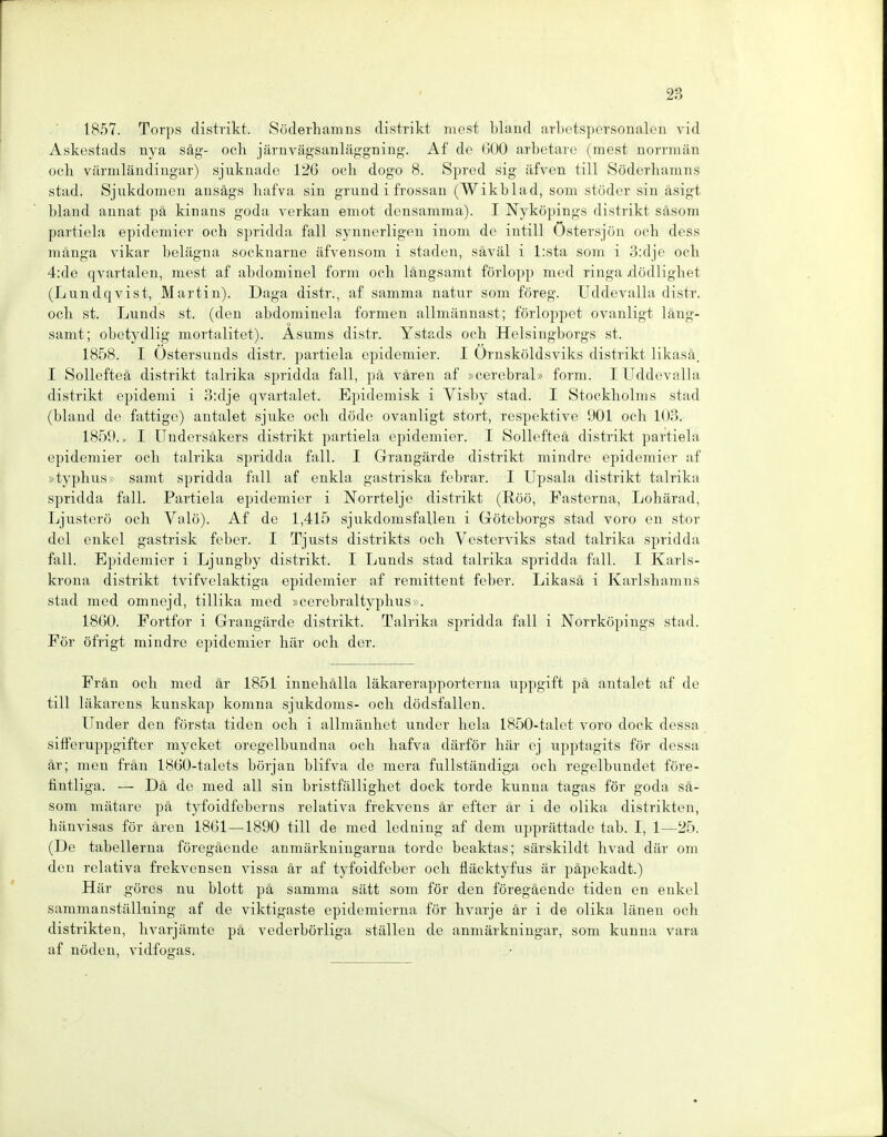 1857. Torps distrikt. Söderhamns distrikt mest bland arbotsporsonalen vid Askestads nya säg- och järnvägsanläggning. Af de 600 arbctare (mest norrmän och värmländingar) sjuknadc 126 och dogo 8. Spred sig äfven tili Söderhamns stad. Sjukdomen ansägs hafva sin grund i frossan (Wikblad, som stöder sin äsigt bland aunat pä kinans goda verkan emot densamma). I Nyköpings distrikt säsom partiela epidcmier och spridda fall synnerligen inom de intill Ostersjön och dess mänga vikar belägna socknarne äfvensom i Staden, säväl i l:sta som i 3:dje och 4:dc qvartalen, mest af abdominel form och längsamt förlopp med riuga .dödlighet (Lundqvist, Martin). Daga distr., af samma natur som föreg. Uddevalla distr. och st. Lunds st. (den abdominela formen allmännast; förloppet ovanligt läng- samt; obetydlig mortalitet). Asums distr. Ystads och Heisingborgs st. 1858. I Ostersunds distr. partiela epidemier. I Ornsköldsviks distrikt likasä. I Sollefteä distrikt talrika spridda fall, pä vären af »cerebral» form. I Uddevalla distrikt epidemi i 3:dje qvartalet. Epidemisk i Visby stad. I Stockholms stad (bland de fattigo) antalet sjuke och döde ovanligt stört, respektive 901 och 103. 1859., I ündersäkers distrikt partiela epidemier. I Sollefteä distrikt partiela epidemier och talrika spridda fall. I Grangärde distrikt mindre epidemier af »typhus» samt spridda fall af eukla gastriska febrar. I Upsala distrikt talrika spridda fall. Partiela epidemier i Norrtelje distrikt (Röö, Fasterna, Lohärad, Ljusterö och Valö). Af de 1,415 sjukdomsfallen i Göteborgs stad voro en stor del enkel gastrisk feber. I Tjusts distrikts och Vesterviks stad talrika spridda fall. Epidemier i Ljungby distrikt. I Lunds stad talrika spridda fall. I Karls- krona distrikt tvifvelaktiga epidemier af remittent feber. Likasä i Karlshamns stad med omnejd, tillika med »cerebraltyphus». 1860. Fortfor i Grangärde distrikt. Talrika spridda fall i Norrköpings stad. För öfrigt mindre epidemier här och der. Frän och med är 1851 innehälla läkarerapporterna nppgift pä antalet af de tili läkarens kunskap komna sjukdoms- och dödsfallcn. ünder den första tiden och i allmänhet under heia 1850-talet voro dock dessa sifferuppgifter mycket oregelbundna och hafva därför här ej npptagits för dessa är; men frän 1860-talets början blifva de niera fullständig;a och regelbundet före- fintliga. — Dä de med all sin bristfällighet dock forde kunna tagas för goda sä- som mätare pä tyfoidfeberns relativa frekvens är efter är i de olika distrikten, hänvisas för ären 1861—1890 tili de med ledning af dem upprättade tab. I, 1—25. (De tabellerna föregäende anmärkningarna forde beaktas; särskildt hvad dar om den relativa frekvensen vissa är af tyfoidfeber och fläcktyfus är päpekadt.) Här göres nu blott pä samma sätt som för den föregäende tiden en enkel sammanställ-ning af de viktigaste epidomicrna för hvarje är i de olika länen och distrikten, hvarjämte pä vederbörliga stallen de anmärkningar, som kunna vara af nöden, vidfogas.