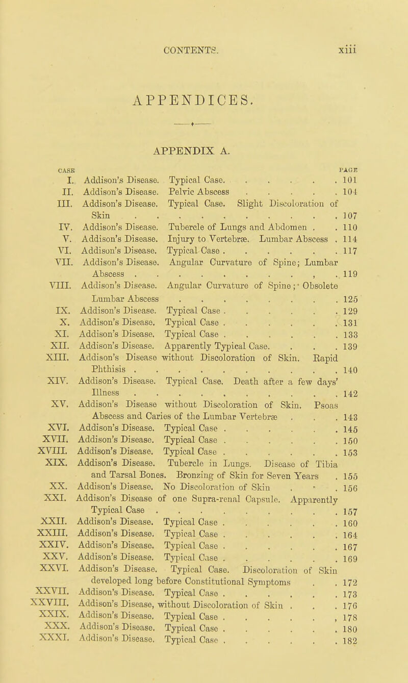 APPENDICES. APPENDIX A. CASK PACK I. Addison’s Disease. Typical Case 101 II. Addison’s Disease. Pelvic Abscess 101 III. Addison’s Disease. Typical Case. Slight Discoloration of Skin 107 IV. Addison’s Disease. Tubercle of Lxings and Abdomen . no V. Addison’s Disease. Injairy to Vertebrae. Lumbar Abscess . 114 VI. Addison’s Disease. Typical Case 117 vn. Addison’s Disease. Angular Curvature of Spine; Lumbar Abscess . •••••• J • 119 VIII. Addison’s Disease. Angular Cm’vatiu’e of Spine; • Obsolete Lumbar Abscess 125 IX. Addison’s Disease. Typical Case 129 X. Addison’s Disease. Typical Case ...... 131 XI. Addison’s Disease. Typical Case 133 XII. Addison’s Disease. Apparently Typical Case. 139 XIII. Addison’s Disease -witliout Discoloration of Skin. Eapid Phthisis . 140 XIV. Addison’s Disease. Typical Case. Death after a few days’ Illness 142 XV. Addison’s Disease without Discoloration of Skin. Psoas Abscess and Caries of the Lumbar Vertebrae 143 XVI. Addison’s Disease. Typical Case 145 xvn. Addison’s Disease. Typical Case 150 XVIII. Addison’s Disease. Typical Case 153 XIX. Addison’s Disease. Tubercle in Lungs, Disease of Tibia and Tarsal Bones. Bronzing of Skin for Seven Years 155 XX. Addison’s Disease. No Discoloration of Skin 156 XXI. Addison’s Disease of one Supra-renal Capsule. Apparently Typical Case . . 157 XXII. Addison’s Disease. Typical Case 160 XXIII. Addison’s Disease. Typical Case 164 XXIV, Addison’s Disease. Typical Case 167 XXV. Addison’s Disease. Typical Case 169 XXVI. Addison’s Disease. Typical Case. Discoloration of Skin developed long before Constitutional Symptoms 172 XXVII. Addison’s Disease. Typical Case 173 XXVIII. Addison’s Disease, without Discoloration of Skin . 176 XXIX. Addison’s Disease. Typical Case 178 XXX. Addison’s Disease. Typical Case 180 XXXI. Addison’s Disease. Typical Case 182