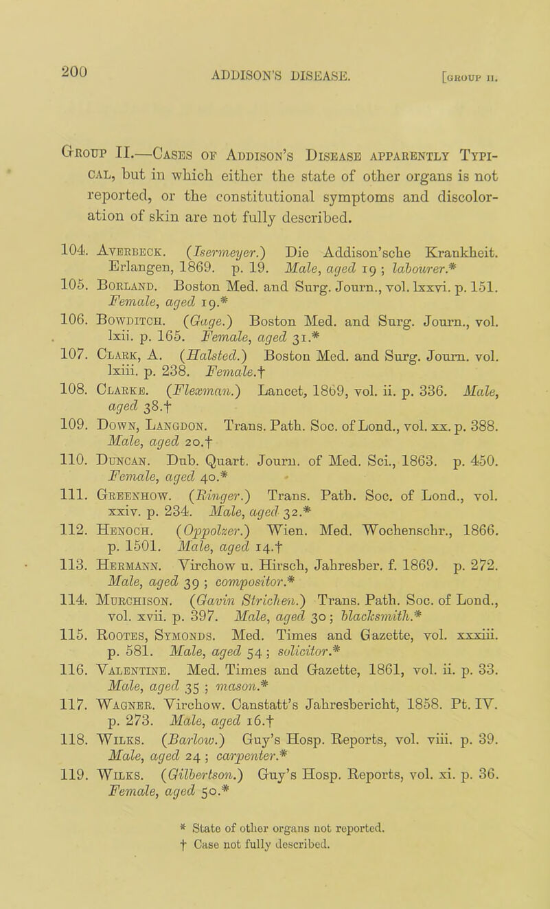 Group II.—Cases of Addison’s Disease apparently Typi- cal, but in which either the state of other organs is not reported, or the constitutional symptoms and discolor- ation of skin are not fully described. 104. Averbeck. {Isermeyeo-.') Die Addison’sche Krankheit. Erlangen, 1869. p. 19. Male, aged 19 ; labourer * 105. Borland. Boston Med. and Surg. Journ., vol. Lxxvi. p. 151. Female, aged 19.* 106. Bowditcu. (^Oage.') Boston Med. and Snrg. Journ., vol. Ixii. p. 165. Female, aged 31.* 107. Clark, A. (Halsted.) Boston Med. and Surg. Journ. vol. Ixiii. p. 238, Female.\ 108. Clarke. (Flexman.') Lancet, 1869, vol. ii. p. 336. Male, aged 38.4 109. Down, Langdon. Trans. Path. Soc. of Bond., vol. xx. p. 388. Male, aged 20.f 110. Duncan. Dub. Quart. Journ. of Med. Sci., 1863. p. 450. Female, aged 40.* 111. Greenhow. (Finger.) Trans. Path. Soc. of Bond., vol. xxiv. p. 234. Male, aged 32.* 112. Henoch. (Oppolzer.) Wien. Med. Wochenschr., 1866. p. 1501. Male, aged 14.4 113. Hermann. Virchow u. Hirsch, Jahresber. f. 1869. p. 272. Male, aged 39 ; compositor.* 114. Murchison. (Gavin Striclien.) Trans. Path. Soc. of Bond., vol. xvii. p. 397. Male, aged 30; blacksmith.* 115. Bootes, Symonds. Med. Times and Gazette, vol. xxxiii. p. 581. Male, aged 54 ; solicitor.* 116. Valentine. Med. Times and Gazette, 1861, vol. ii. p. 33. Male, aged 35 ; mason.* 117. Wagner. Virchow. Oanstatt’s Jahresbericht, 1858. Pt. IV. p. 273. Male, aged i6.f 118. Wilks. (Barlow.) Guy’s Hosp. Reports, vol. viii. p. 39. Male, aged 24 ; carpenter.* 119. Wilks. (Gilbertson.) Guy’s Hosp. Reports, vol. xi. p. 36. Female, aged 50.* * State of other organs not reported, t Case not fully described.