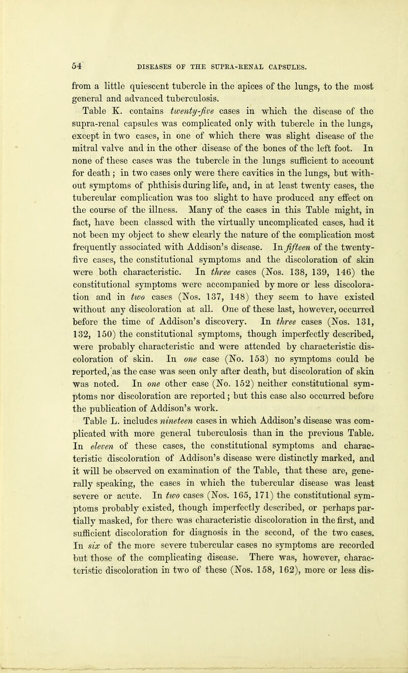 from a little quiescent tubercle in the apices of the lungs, to the most general and advanced tuberculosis. Table K. contains twenty-five cases in which the disease of the supra-renal capsules was complicated only with tubercle in the lungs, except in two cases, in one of which there was slight disease of the mitral valve and in the other disease of the bones of the left foot. In none of these cases was the tubercle in the lungs sufficient to account for death; in two cases only were there cavities in the lungs, but with- out symptoms of phthisis during life, and, in at least twenty cases, the tubercular complication was too slight to have produced any effect on the course of the illness. Many of the cases in this Table might, in fact, have been classed with the virtually uncomplicated cases, had it not been my object to shew clearly the nature of the complication most frequently associated with Addison's disease. In fifteen of the twenty- five cases, the constitutional symptoms and the discoloration of skin were both charactezistic. In three cases (N'os. 138, 139, 146) the constitutional symptoms were accompanied by more or less discolora- tion and in two cases (Nos. 137, 148) they seem to have existed without any discoloration at all. One of these last, however, occun-ed before the time of Addison's discovery. In three cases (JJfos. 131, 132, 150) the constitutional symptoms, though imperfectly described, were probably characteristic and were attended by characteristic cUs- eoloration of skin. In one case (JSTo. 153) no symptoms could be reported,'as the case was seen only after death, but discoloration of skin was noted. In one other case (No. 152) neither constitutional sym- ptoms nor discoloration are reported; but this case also occurred before the publication of Addison's work. Table L. includes nineteen cases in which Addison's disease was com- plicated with more general tuberculosis than in the previous Table. In eleven of these cases, the constitutional symptoms and charac- teristic discoloration of Addison's disease were distinctly marked, and it will be observed on examination of the Table, that these are, gene- rally speaking, the cases in which the tubercular disease was least severe or acute. In tivo cases (Nos. 165, 171) the constitutional sym- ptoms probably existed, though imperfectly described, or perhaps par- tially masked, for there was characteristic discoloration in the first, and sufficient discoloration for diagnosis in the second, of the two cases. In six of the more severe tubercular cases no symptoms are recorded but those of the complicating disease. There was, however, charac- teristic discoloration in two of these (Nos. 158, 162), more or less dis-