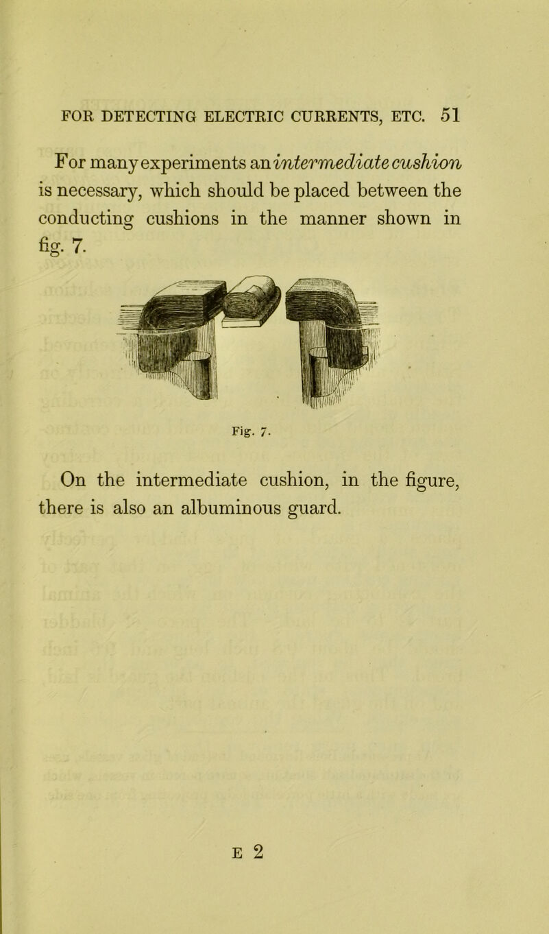 For many experiments s^nintermediate cushion is necessary, which should be placed between the conducting cushions in the manner shown in %• 7. Fig. 7- On the intermediate cushion, in the figure, there is also an albuminous guard.