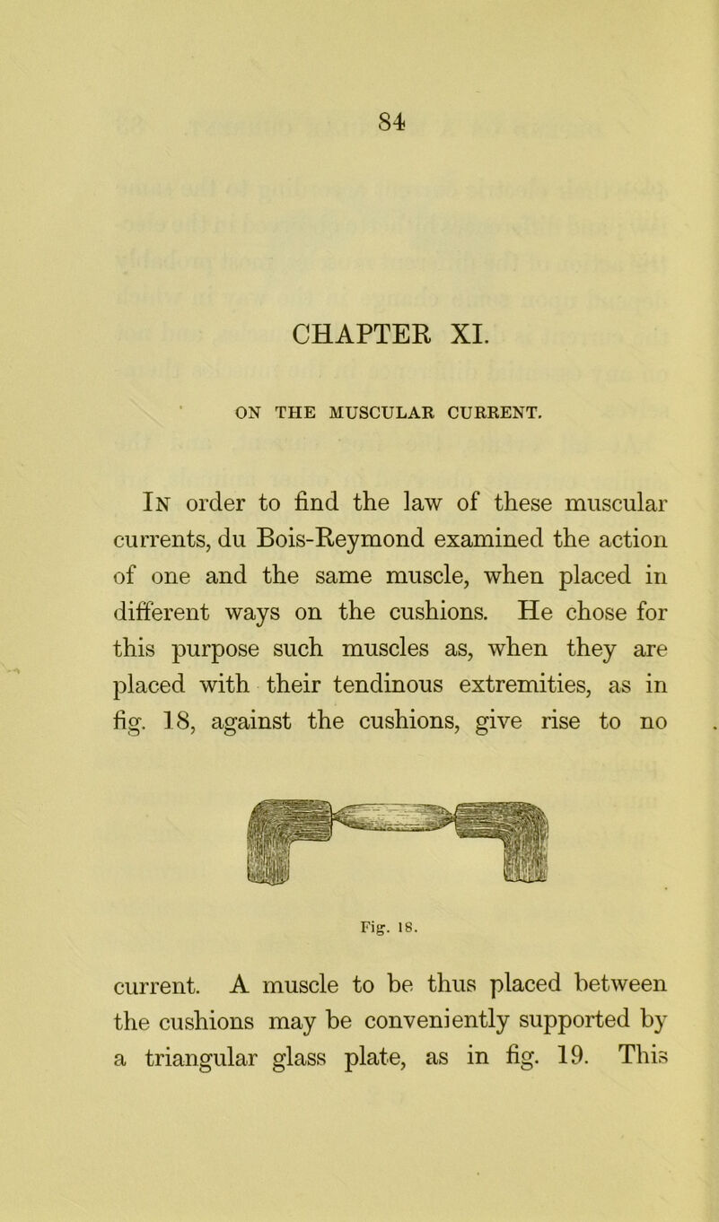 CHAPTER XI ON THE MUSCULAR CURRENT. In order to find the law of these muscular currents, du Bois-Reymond examined the action of one and the same muscle, when placed in different ways on the cushions. He chose for this purpose such muscles as, when they are placed with their tendinous extremities, as in fig. 18, against the cushions, give rise to no current. A muscle to be thus placed between the cushions may be conveniently supported by a triangular glass plate, as in fig. 19. This