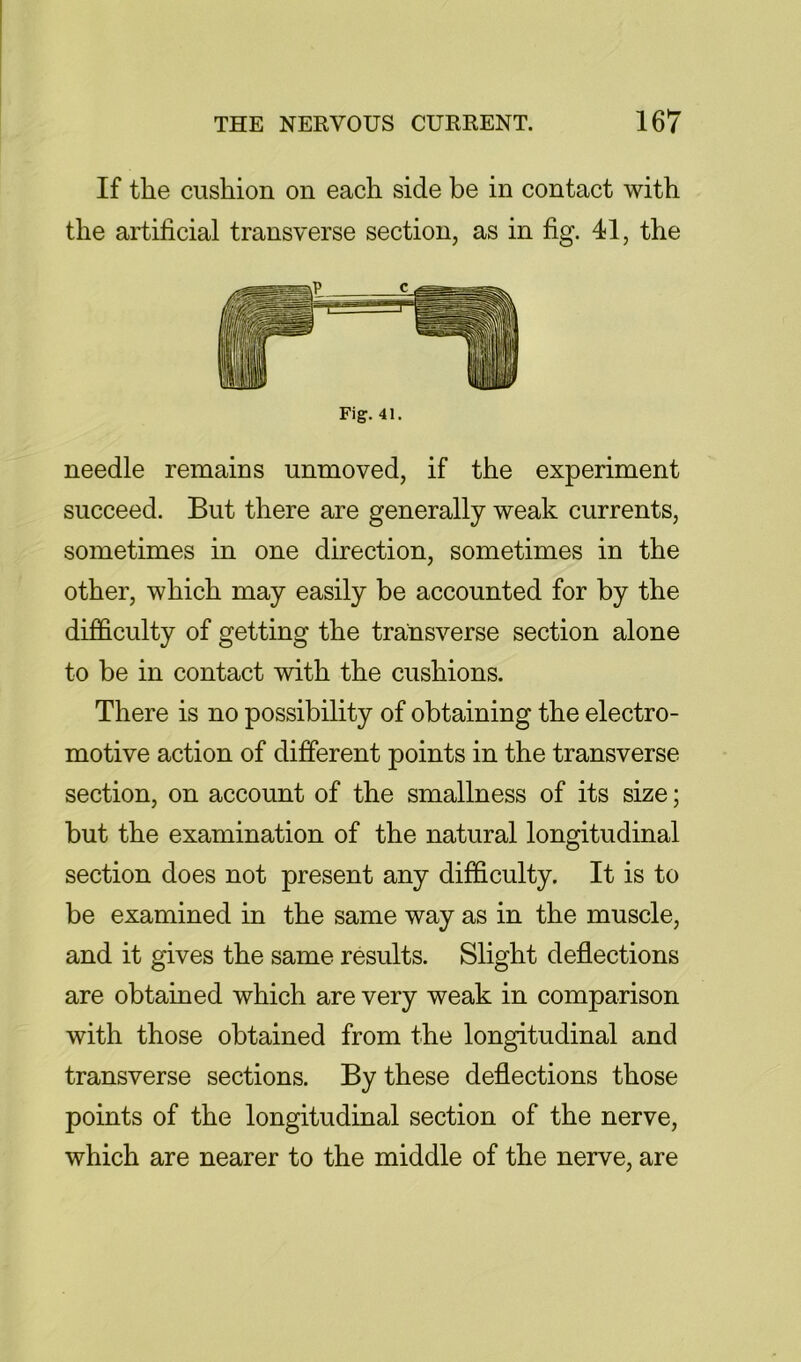 If tlie cushion on each side be in contact with the artificial transverse section, as in fig. 41, the Fig. 41. needle remains unmoved, if the experiment succeed. But there are generally weak currents, sometimes in one direction, sometimes in the other, which may easily be accounted for by the difficulty of getting the transverse section alone to be in contact with the cushions. There is no possibility of obtaining the electro- motive action of different points in the transverse section, on account of the smallness of its size; but the examination of the natural longitudinal section does not present any difficulty. It is to be examined in the same way as in the muscle, and it gives the same results. Slight deflections are obtained which are very weak in comparison with those obtained from the longitudinal and transverse sections. By these deflections those points of the longitudinal section of the nerve, which are nearer to the middle of the nerve, are