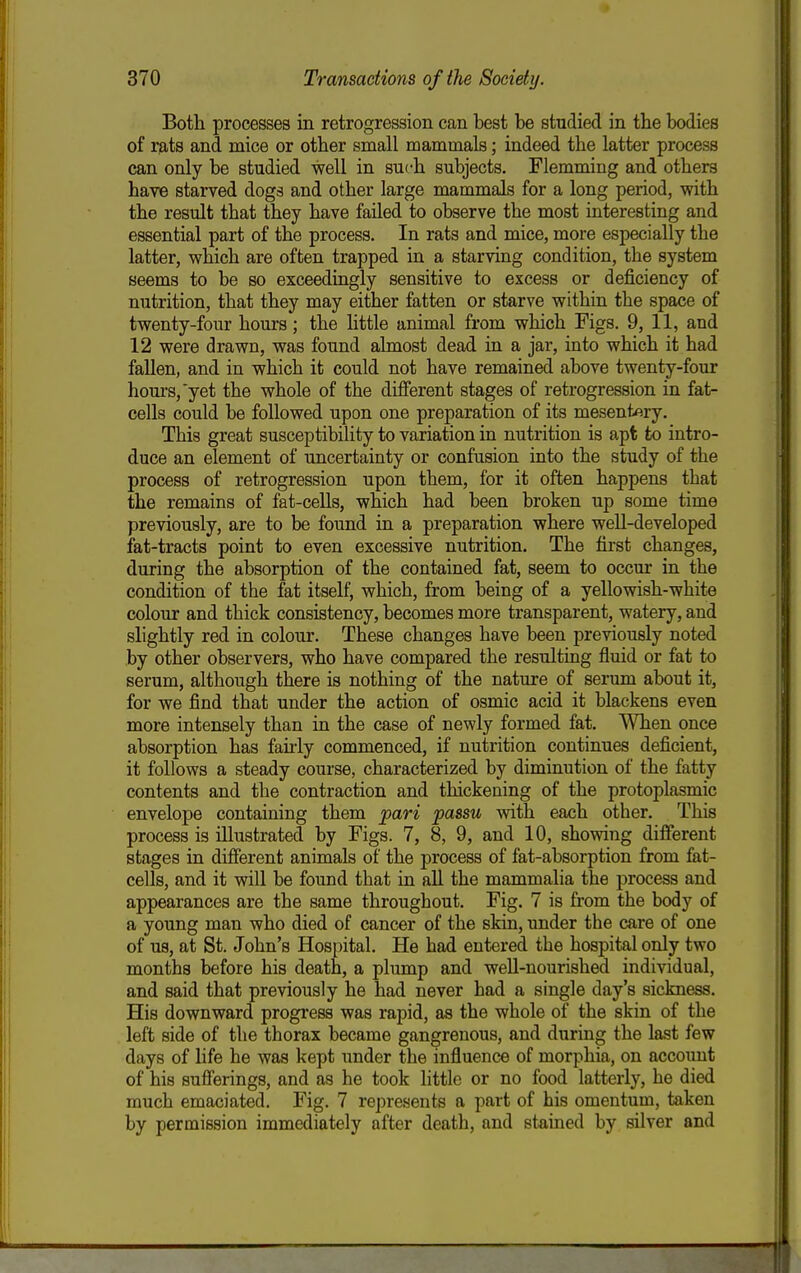 Both processes in retrogression can best be studied in the bodies of rats and mice or other small mammals; indeed the latter process can only be studied well in such subjects. Flamming and others have starved dogs and other large mammals for a long period, with the result that they have failed to observe the most interesting and essential part of the process. In rats and mice, more especially the latter, which are often trapped in a starving condition, the system seems to be so exceedingly sensitive to excess or deficiency of nutrition, that they may either fatten or starve within the space of twenty-four hours; the little animal from which Figs. 9, 11, and 12 were drawn, was found almost dead in a jar, into which it had fallen, and in which it could not have remained above twenty-four hours, yet the whole of the different stages of retrogression in fat- cells could be followed upon one preparation of its mesentfiry. This great susceptibility to variation in nutrition is apt to intro- duce an element of uncertainty or confusion into the study of the process of retrogression upon them, for it often happens that the remains of fat-cells, which had been broken up some time previously, are to be found in a preparation where well-developed fat-tracts point to even excessive nutrition. The first changes, during the absorption of the contained fat, seem to occm' in the condition of the fat itself, which, from being of a yellowish-white colour and thick consistency, becomes more transparent, watery, and slightly red in colour. These changes have been previously noted by other observers, who have compared the resulting fluid or fat to serum, although there is nothing of the nature of serum about it, for we find that under the action of osmic acid it blackens even more intensely than in the case of newly formed fat. When once absorption has fairly commenced, if nutrition continues deficient, it follows a steady course, characterized by diminution of the fatty contents and the contraction and thickening of the protoplasmic envelope containing them pari passu with each other. This process is illustrated by Figs. 7, 8, 9, and 10, showing different stages in difierent animals of the process of fat-absorption from fat- cells, and it will be found that in all the mammalia the process and appearances are the same throughout. Fig. 7 is from the body of a young man who died of cancer of the skin, under the care of one of us, at St. John's Hospital. He had entered the hospital only two months before his death, a plump and well-nourished individual, and said that previously he had never had a single day's sickness. His downward progress was rapid, as the whole of the skin of the left side of the thorax became gangrenous, and during the last few days of life he was kept under the influence of morphia, on account of his suff'erings, and as he took little or no food latterly, he died much emaciated. Fig. 7 represents a part of his omentum, taken by permission immediately after death, and stained by silver and