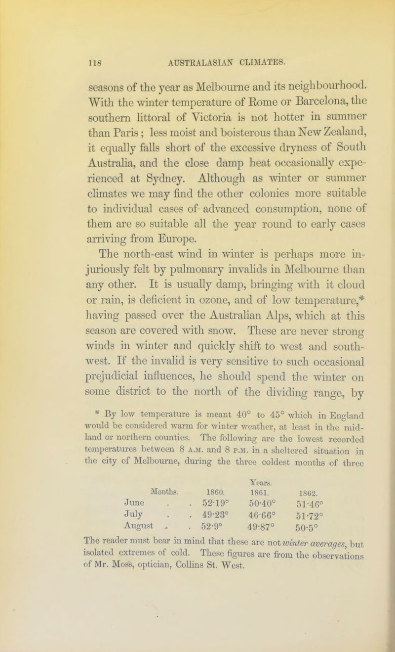 seasons of the year as Melbourne and its neighbourhood. With the winter temperature of Rome or Barcelona, the southern littoral of Victoria is not hotter in summer than Paris ; less moist and boisterous than New Zealand, it equally falls short of the excessive dryness of South Australia, and the close damp heat occasionally expe- rienced at Sydney. Although as winter or summer climates we may find the other colonies more suitable to individual cases of advanced consumption, none of them are so suitable all the year round to early cases arriving from Europe. The north-east wind in winter is perhaps more in- juriously felt by pulmonary invalids in Melbourne than any other. It is usually damp, bringing with it cloud or rain, is deficient in ozone, and of low temperature,* having passed over the Australian Alps, which at this season are covered with snow. These are never stroner winds in winter and quickly shift to west and south- west. If the invalid is very sensitive to such occasional prejudicial influences, he should spend the winter on some district to the north of the dividing range, by * By low temperature is meant 40° to 45° which in England would be considered warm for winter weather, at least in the mid- land or northern counties. The following are the lowest recorded temperatures between 8 a.m. and 8 p.m. in a sheltered situation in the city of Melbourne, during the three coldest months of three Months. 1860. Years. 1861. 1862. June . 5219° 50-40° 51-46° July . 49-23° 46-06° 51-72° August . 52-9° 49-87° 50-5° The reader must bear in mind that these arc not winter uvcrcic/es, but isolated extremes of cold. These figures are from the observations of Mr. Moss, optician, Collins St. West.