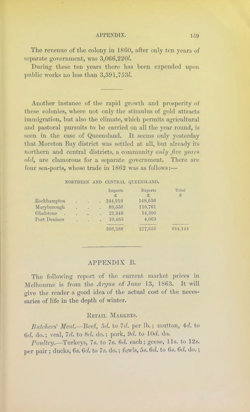 The revenue of the colony in 1860, after only ten years of separate government, was 3,066,220/. During these ten years there has been expended upon public works no less than 3,391,753/. Another instance of the rapid growth and prosperity of these colonies, where not only the stimulus of gold attracts immigration, but also the climate, which permits agricultural and pastoral pursuits to be carried on all the year round, is seen in the case of Queensland. It seems only yesterday that Moreton Bay district was settled at all, but already its northern and central districts, a community only jive years old, are clamorous for a separate government. There four sea-ports, whose trade in 1862 was as follows :— NORTHERN AND CENTRAL QUEENSLAND. Imports Exports Total & & & Rockhampton 244,919 148,636 Maryborough 89,556 110,761 Gladstone ..... 21,348 14,390 Port Denison 10,465 4,069 366,288 277,856 644,144 APPENDIX B. The following report of the current market prices in Melbourne is from the Argus of June 13, 1863. It will give the reader a good idea of the actual cost of the neces- saries of life in the depth of winter. Detail Markets. Batchers' Meat—Beef, 5cl to 7cl. per lb.; mutton, 4d. to 6cZ. do.; veal, 7cl. to 8d. do.; pork, 9d. to lOci. do. Poultry.—Turkeys, 7s. to 7s. 6cl. each; geese, 11s. to 12s. per pair ; ducks, 6s. 6c/. to 7s. do.; fowls, 5s. 6cZ. to 6s. 6c/. do.;