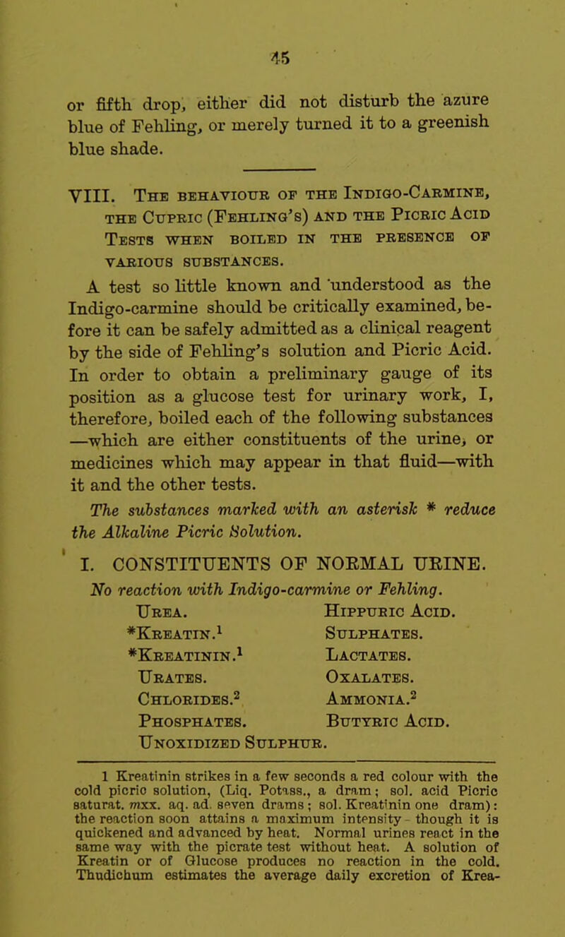 or fifth drop, either did not disturb the azure blue of Fehling, or merely turned it to a greenish blue shade. VIII. The behaviour op the Indigo-Carmine, the cupric (fehling's) and the plcric acid Tests when boiled in the presence op various substances. A test so little known and understood as the Indigo-carmine should be critically examined, be- fore it can be safely admitted as a clinical reagent by the side of Fehling's solution and Picric Acid. In order to obtain a preliminary gauge of its position as a glucose test for urinary work, I, therefore, boiled each of the following substances —which are either constituents of the urine; or medicines which may appear in that fluid—with it and the other tests. The substances marked with an asterisk * reduce the Alkaline Picric Holution. I. CONSTITUENTS OP NOEMAL URINE. No reaction with Indigo-carmine or Fehling. Urea. Hippubic Acid. ♦Kreatin.1 Sulphates. ♦Kreatinin.1 Lactates. Urates. Oxalates. Chlorides.2 Ammonia.2 Phosphates. Butyric Acid. Unoxidized Sulphur. 1 Kreatinin strikes in a few seconds a red colour with the cold picric solution, (Liq. Potass., a dram; sol. acid Picric saturat. mxx. aq. ad. seven drams ; sol. Kreatinin one dram): the reaction soon attains a maximum intensity - though it is quickened and advanced hy heat. Normal urines react in the same way with the picrate test without heat. A solution of Kreatin or of Glucose produces no reaction in the cold. Thudichum estimates the average daily excretion of Krea-