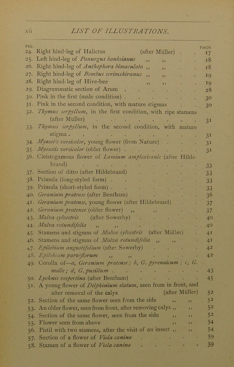 FIG. 24. Right hind-leg of Halictus (after Muller) . 25. Left hind-leg of Panurgus banksianus ,, ,, 26. Right hind-leg of Anthophora bimaculata ,, ,, 27. Right hind-leg of Bombus scrimshiranus ,, ,, . 28. Right hind-leg of Hive-bee ,, ,, 29. Diagrammatic section of Arum .... 30. Pink in the first (male condition) ...... 31. Pink in the second condition, with mature stigmas 32. Thymus serpyllum, in the first condition, with ripe stamens (after Muller) ........ 33. Thymus serpyllum, in the second condition, with mature stigma .......... 34. Myosotis versicolor, young flower (from Nature) 35. Myosotis versicolor (older flower) ...... 36. Cleistcgamous flower of Lamium amplexicaule (after Hilde- brand) ......... 37. Section of ditto (after Hildebrand) ..... 38. Primula (long-styled form) ....... 39. Primula (short-styled form) . . . . . . 40. Geranium pratense (after Bentham) . . . . . 41. Geranium pratense, young flower (after Hildebrand) 42. Geranium pratense (older flower) ,, ,, 43. Malva sylvestris (after Sowerby) ..... 44. Malva rotundifolia ,, ,, 45. Stamens and stigmas of Malva sylvestris (after Muller) 46. Stamens and stigmas of Malva rotundifolia ,, ,, 47. Epilobium angustifolium (after Sowerby) .... 48. Epilobium parvjlorum ,, „ .... 49. Corolla of—a, Geranium pratense; b, G. pyrenaicum ; c, G. molle; d, G.pusillum ....... 50. Lychnis vespertina (after Bentham) ..... 51. A young flower of Delphinium elatum, seen from in front, and after removal of the calyx (after Muller) 52. Section of the same flower seen from the side ,, ,, 53. An older flower, seen from front, after removing calyx ,, ,, 54. Section of the same flower, seen from the side ,, >> 55. Flower seen from above >> >> 56. Pistil with two stamens, after the visit of an insect ,. ,, 57. Section of a flower of Viola canina . 58. Stamen of a flower of Viola canina . I’AGK 17 18 18 19 19 28 30 3° 31 3i 31 3i JO 36 37 37 40 40 41 41 42 42 43 45 52 52 52 52 54 54 59 59