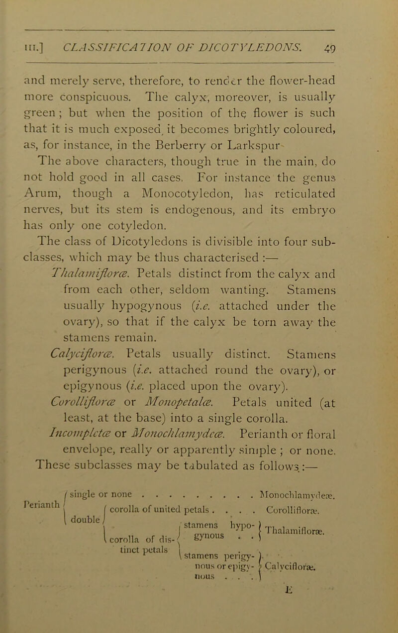 and merely serve, therefore, to render the flower-head more conspicuous. The calyx, moreover, is usually green ; but when the position of thq flower is such that it is much exposed, it becomes brightly coloured, as, for instance, in the Berberry or Larkspur The above characters, though true in the main, do not hold good in all cases, For instance the genus Arum, though a Monocotyledon, has reticulated nerves, but its stem is endogenous, and its embryo has only one cotyledon. The class of Dicotyledons is divisible into four sub- classes, which may be thus characterised :— Thalamifloree. Petals distinct from the calyx and from each other, seldom wanting. Stamens usually hypogynous (i.e. attached under the ovary), so that if the calyx be torn away the stamens remain. Calycijlorce. Petals usually distinct. Stamens perigynous (i.e. attached round the ovary), or epigynous (i.e. placed upon the ovary). Curollifloree or Monopetalce. Petals united (at least, at the base) into a single corolla. Incomplctce or Monochlamydcce. Perianth or floral envelope, really or apparently simple ; or none. These subclasses may be tabulated as follows:— Perianth / single or none Monochlamvclete. I corolla of united petals .... Corollifiora. 1 double / . . . . I I yl’°' Thalamiflor*. t corolla of dis-( K> ,1JUS • •) tinct petals 1 . r \ stamens perigy- nous or epigy- nous . . .