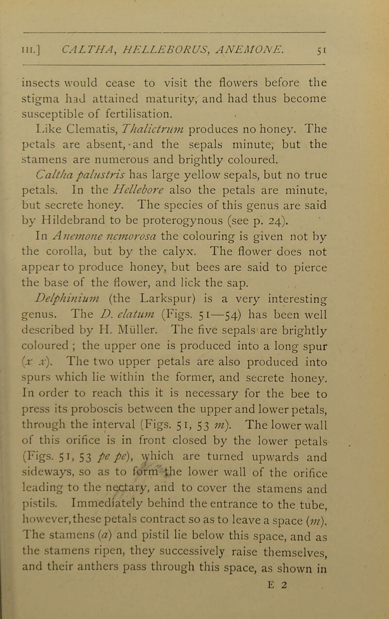 insects would cease to visit the flowers before the stigma had attained maturity, and had thus become susceptible of fertilisation. Lake Clematis, Thalictnlm produces no honey. The petals are absent,-and the sepals minute, but the stamens are numerous and brightly coloured. Calt/ia palustris has large yellow sepals, but no true petals. In the Hellebore also the petals are minute, but secrete honey. The species of this genus are said by Idildebrand to be proterogynous (see p. 24). In Anemone ncmorosa the colouring is given not by the corolla, but by the calyx. The flower does not appear to produce honey, but bees are said to pierce the base of the flower, and lick the sap. Delphinium (the Larkspur) is a very interesting genus. The D. elatiim (Figs. 51—54) has been well described by H. Muller. The five sepals are brightly coloured ; the upper one is produced into a long spur (x x). The two upper petals are also produced into spurs which lie within the former, and secrete honey. In order to reach this it is necessary for the bee to press its proboscis between the upper and lower petals, through the interval (Figs. 51, 53 m). The lower wall of this orifice is in front closed by the lower petals (Figs. 51, 53 pe pe), which are turned upwards and sideways, so as to form the lower wall of the orifice leading to the nectary, and to cover the stamens and pistils. Immediately behind the entrance to the.tube, however, these petals contract so as to leave a space (in). The stamens (a) and pistil lie below this space, and as the stamens ripen, they successively raise themselves, and their anthers pass through this space, as shown in E 2