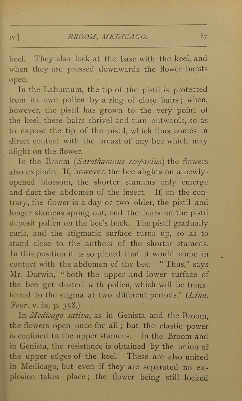 keel. They also lock at the base with the keel, and when they are pressed downwards the flower bursts open. In the Laburnum, the tip of the pistil is protected from its own pollen by a ring of close hairs; when, however, the pistil has grown to the very point of the keel, these hairs shrivel and turn outwards, so as to expose the tip of the pistil, which thus comes in direct contact with the breast of any bee which may alight on the flower. In the Broom (Sarothamnus scopcirius) the flowers also explode. If, however, the bee alights On a newly- opened blossom, the shorter stamens only emerge and dust the abdomen of the insect. If, on the con- trary, the flower is a day or two older, the pistil and longer stamens spring out, and the hairs on the pistil deposit pollen on the bee’s back. The pistil gradually curls, and the stigmatic surface turns up, so as to stand close to the anthers of the shorter stamens. In this position it is so placed that it would come in contact with the abdomen of the bee. “ Thus,” says Mr. Darwin, “ both the upper and lower surface of the bee get dusted with pollen, which will be trans- ferred to the stigma at two different periods.” (Linn. Jour. v. ix. p. 358.) In Medicago sativa, as in Genista and the Broom, the flowers open once for all ; but the elastic power is confined to the upper stamens. In the Broom and in Genista, the resistance is obtained by the union of the upper edges of the keel. These are also united in Medicago, but even if they are separated no ex- plosion takes place; the flower being still locked