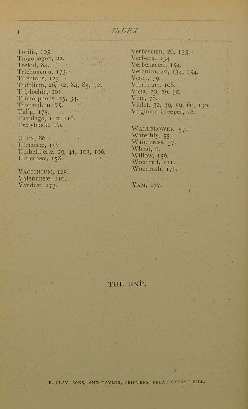 I Torilis, 105. Tragopogon, 22. Trefoil, 84. ■ Trichonema, 175. Trientalis, 125. • Trifolium, 26, 32, 84, 85, 9c. Triglochin,- 161. Trimorphous, 25, 34. Tropseolum,* 7^. Tulip, 175. Tussilago, 112, 116. Twayblacle, 170. Ulex, 86. Ulmaceae, 157. Umbelliferae, 29, 41, 103, 106. Urticacese, 158. Vaccinium, 125. Valerianeae, no. Vandeae, 173. Verba scum, 26, 133. • Verbena, 154. Verbenacea;, 154. Veronica, 40, 134, 154. Vetch,.79. . _ . Viburnum, 108. Vicin, 20, 89, 90. Vine, 78. Violet, 32, 39, 59, 60, 130. Virginian Creeper, 78. Wallflower, 57. Waterlily, 55. Watercress, 57. Wheat, 9. Willow, 156. Woodruff, hi. Woodrush, 176. Yam, 177. THE ENP. R. CT.AY SONS, AND TAYLOR, TRINTERS, BREAD STREET HILL.