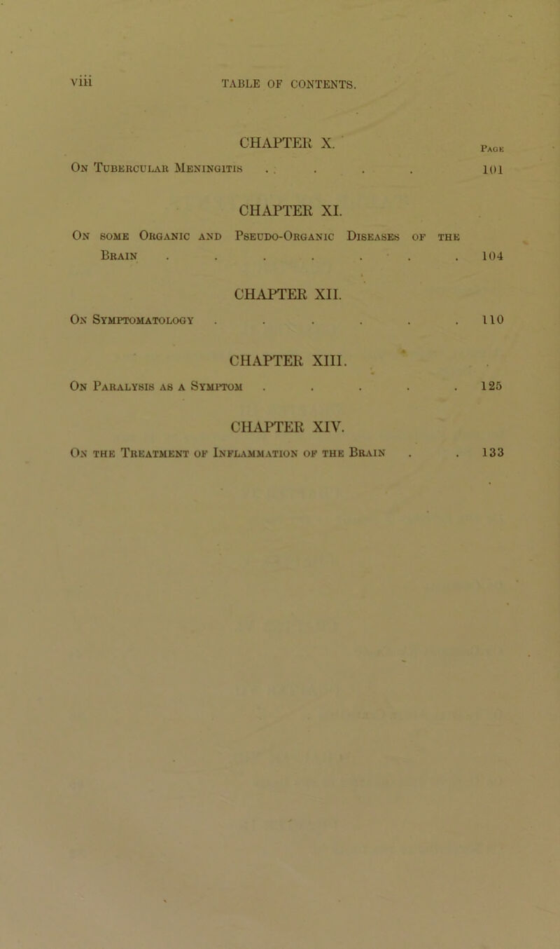 CHAPTER X. On ToBERCULaVR Meningitis . , . . . loi CHAPTER XI. On some Org^vnic and Pseddo-Organic Diseases of the Brain . . . . . . .104 CHAPTER XII. On Symptomatology . . . . . .110 CHAPTER XIII. On Paralysis as a Symitom . . . . .125 CHAPTER XIV. On the Treatment of Infl,\mmation of the Br.\.in 133