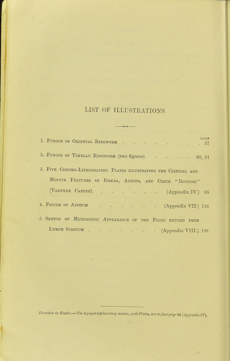 LIST OF ILLUSTEATIONS. 1. Fungus of Oeiental Ringwoem 57 2. Fungus op Tokelau Eingwoem (two figures) . . . . 60, 61 3. Five Chbomo-Lithogeaphio Plates illusteating the Clinical and Minute Features of Biskra, Aleppo, and Ceete Boutons (Vandyke Caetee). . . . ' . . . (Appendix IV.) 65 4. Figure of Ainhum (Appendix VII.) 116 5. Sketch of Miceoscopic Appearance of the Fluid exuded feom Lymph Sceotum (Appendix VIII.) 198