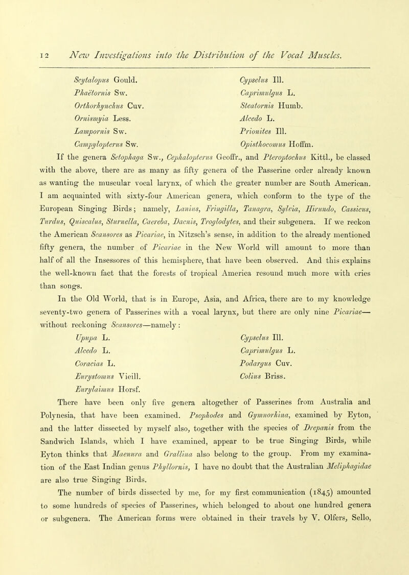 Sci/talopus Gould. Ci/pselus 111. Phaetornis S\v. Caprimulgus L. Orthorhi/ncJms Cuv. Steatornis Humb. Ornismyia Less. Alcedo L. Lampornis Sw. Prionites 111. Campylopterus Sw. Opisthocomm HofFm. If the g-enera Setopliaga Sw., Ceplmlopterus Geoffr., and Pteroptochus Kittl., be classed with the above, there are as many as fifty genera of the Passerine order already known as wanting the muscular vocal larj^nx, of which the greater number are South American. I am acquainted with sixty-four American genera, which conform to the type of the European Singing Birds; namely, Lan'ms, Fringilla, Timagra, Sylvia, Hirundo, Cassicus, Turdus, Quiscalus, Sturnella, Caereba, Dacnis, Troglodytes, and their subgenera. If we reckon the American Scansores as Picariae, in Nitzsch's sense, in addition to the already mentioned fifty genera, the number of Picariae in the New World will amount to more than half of all the Insessores of this hemisphere, that have been observed. And this explains the well-known fact that the forests of tropical America resound much more with cries than songs. In the Old World, that is in Europe, Asia, and Africa, there are to my knowledge seventy-two genera of Passerines with a vocal larynx, but there are only nine Picariae— without reckoning Scansores—namely : Upupa L. Cypselus 111. Alcedo L. Caprimulgus L. Coracias L. Podargus Cuv. Eurystomus Vieill. Colius Briss. Eurylaiinus Horsf. There have been only five genera altogether of Passerines from Australia and Polynesia, that have been examined. Psophodes and Gym.norliina, examined by Eyton, and the latter dissected by myself also, together with the species of Drepanis from the Sandwich Islands, which I have examined, appear to be true Singing Birds, while Eyton thinks that Maenura and Grallina also belong to the group. From my examina- tion of the East Indian genus Phyllornis, I have no doubt that the Australian Meliphagidae are also true Singing Birds. The number of birds dissected by me, for my first communication (1845) amounted to some hundreds of species of Passerines, which belonged to about one hundred genera or subgenera. The American forms were obtained in their travels by V. Olfers, Sello,