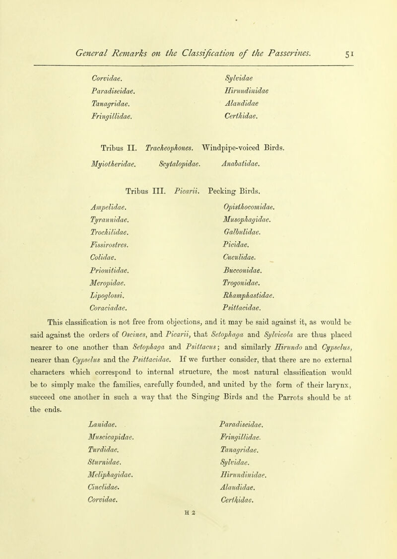 Corvidae. Paradiseidae. Tanagridae. Fringillidae. Syhidae Hirmidinidae Alaudidae Certhidae. Tribus II. Tracheophones. Windpipe-voiced Birds. Myiotheridae. Sci/talopidae. Anahatidae. Tribus III. Picarii. Pecking Birds. Ampelidae. OpistJiocomidae. Tyrannidae. MusopJiagidae. TrocJiilidae, GalbnUdae. Fissirostres. Picidae. Colidae. Cuculidae. Prionitidae. Bucconidae. Meropidae. Trogonidae, Lipoglossi. Rhamphastidae. Coraciadae. Psittacidae. This classification is not free from objections, and it may be said against it, as would be said against the orders of Oscines, and Picarii, that Setopkaga and Sylvicola are thus placed nearer to one another than Setophaga and Psittacus; and similarly Hirundo and Cypselus, nearer than Cypselus and the Psittacidae, If we further consider, that there are no external characters which correspond to internal structure, the most natural classification would be to simply make the families, carefully founded, and united by the form of their larynx, succeed one another in such a way that the Singing Birds and the Parrots should be at the ends. Paradiseidae. Lanidae. . Muscicapidae. Turdidae. Sturnidae, Meliphagidae. Cinclidae. Corvidae. Fringillidae. Tanagridae. Sylvidae. Eirundinidae. Alaudidae. Certhidae. H 2