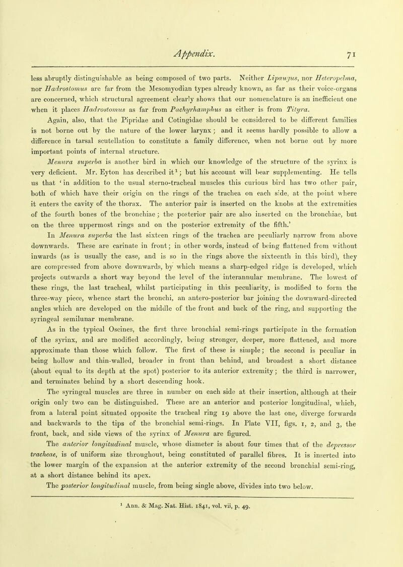 less abruptly distinguishable as being composed of two parts. Neither Lipawjus, nor Heteropelma, nor Hadrostomus are far from the Mesomyodian types already known, as far as their voice-organs are concerned, which structural agreement clearly shows that our nomenclature is an inefficient one when it places Hadrostomus as far from Puchyrhamphus as either is from Tityra. Again, also, that the Pipridae and Cotingidae should be considered to be different families is not borne out by the nature of the lower larynx; and it seems hardly possible to allow a difference in tarsal scutellation to constitute a family difference, when not borne out by more important points of internal structure. Menura superha is another bird in which our knowledge of the structure of the syrinx is very deficient. Mr. Eyton has described it ^; but his account will bear supplementing. He tells us that ' in addition to the usual sterno-tracheal muscles this curious bird has two other pair, both of which have their origin on the rings of the trachea on each side, at the point where it enters the cavity of the thorax. The anterior pair is inserted on the knobs at the extremities of the fourth bones of the bi onchiae; the posterior jjair are also inserted on the bronchiae, but on the three uppermost rings and on the posterior extremity of the fifth.' In Menura superha the last sixteen rings of the trachea are peculiarly narrow from above downwards. These are carinate in front; in other words, instead of being flattened from without inwards (as is usually the case, and is so in the rings above the sixteenth in this bird), they are compressed from above downwards, by which means a sharp-edged ridge is developed, which projects outwards a short way beyond the level of the interannular membrane. The lowest of these rings, the last tracheal, whilst participating in this peculiarity, is modified to form the three-way piece, whence start the bronchi, an antero-posterior bar joining the downward-directed angles which are developed on the middle of the front and back of the ring, and supporting the syringeal semilunar membrane. As in the typical Oscines, the first three bronchial semi-rings participate in the formation of the syrinx, and are modified accordingly, being stronger, deeper, more flattened, and more approximate than those which follow. The first of these is simple; the second is peculiar in being hollow and thin-walled, broader in front than behind, and broadest a short distance (about equal to its depth at the spot) posterior to its anterior extremity; the third is narrower, and terminates behind by a short descending hook. The syringeal muscles are three in number on each side at their insertion, although at their origin only two can be distinguished. These are an anterior and posterior longitudinal, which, from a lateral point situated opposite the tracheal ring 19 above the last one, diverge forwards and backwards to the tips of the bronchial semi-rings. In Plate VII, figs, i, 2, and 3, the front, back, and side views of the syrinx of Menura are figured. The anterior longitudinal muscle, whose diameter is about four times that of the depressor tracheae, is of uniform size throughout, being constituted of parallel fibres. It is inserted into the lower margin of the expansion at the anterior extremity of the second bronchial semi-ring, at a short distance behind its apex. The posterior longitudinal muscle, from being single above, divides into two below. ' Ann. & Mag. Nat. Hist. 1841, vol. vii, p. 49.