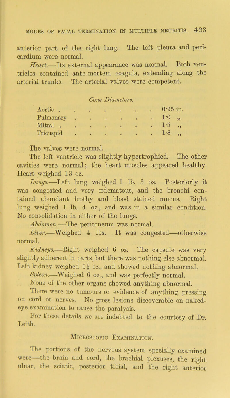anterior part of the right lung. The left pleura and peri- cardium were normal. Heart.—Its external appearance was normal. Both ven- tricles contained ante-mortem coagula, extending along the arterial trunks. The arterial valves were competent. Aortic . Cone Diameters, . 0'95 in. Pulmonary . . LO „ Mitral . . . • • • 1*5 „ Tricuspid . • 1*8 „ The valves were normal. The left ventricle was slightly hypertrophied. The other cavities were normal; the heart muscles appeared healthy. Heart weighed 13 oz. Lungs.—Left lung weighed 1 lb. 3 oz. Posteriorly it was congested and very oedematous, and the bronchi con- tained abundant frothy and blood stained mucus. Right lung weighed 1 lb. 4 oz., and was in a similar condition. Ho consolidation in either of the lungs. Abdomen.—The peritoneum was normal. Liver.—Weighed 4 lbs. It was congested—otherwise normal. Kidneys.—Right weighed 6 oz. The capsule was very slightly adherent in parts, but there was nothing else abnormal. Left kidney weighed 64 oz., and showed nothing abnormal. Spleen.—Weighed 6 oz., and was perfectly normal. None of the other organs showed anything abnormal. There were no tumours or evidence of anything pressing on cord or nerves. No gross lesions discoverable on naked- eye examination to cause the paralysis. lor these details we are indebted to the courtesy of Dr. Leith. Microscopic Examination. The portions of the nervous system specially examined were—the brain and cord, the brachial plexuses, the right ulnar, the sciatic, posterior tibial, and the right anterior