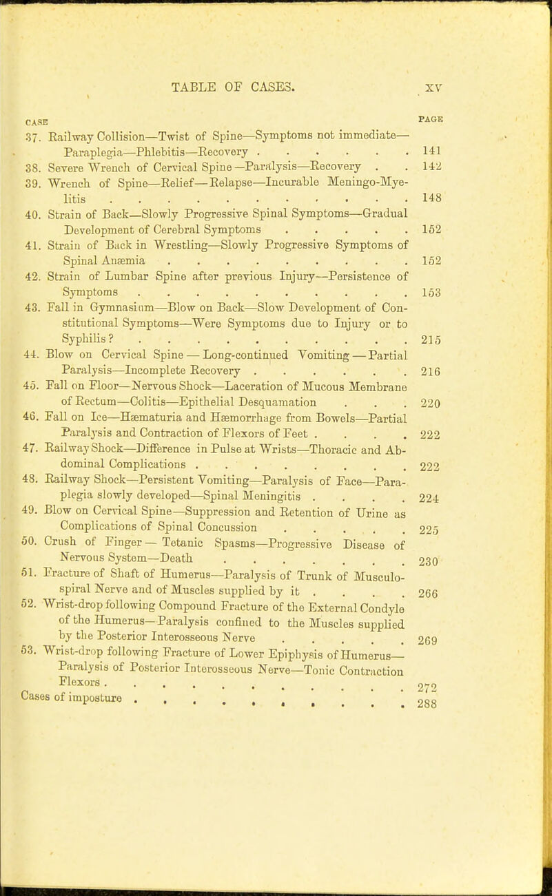 CASE i'-i'^'S 37. Rail-roy Collision—Twist of Spine—Symptoms not immediate- Paraplegia—Phlebitis—Eecovery 141 38. SeTere Wrench of Cervical Spine—Paralysis—Eeeovery . . 1-1:2 39. Wrench of Spine—Belief—Eelapse—Incurable Meningo-Mye- litis 148 40. Strain of Back—Slowly Progressive Spinal Symptoms—Gradual Development of Cerebral Symptoms 162 41. Strain of Back in Wrestling—Slowly Progressive Symptoms of Spinal Anaemia 152 42. Strain of Lumbar Spine after preyious Injury—Persistence of Symptoms 153 43. Fall in Gymnasium—Blow on Back—Slow Development of Con- stitutional Symptoms—Were Symptoms due to Injury or to Syphilis? 215 44. Blow on Cervical Spine — Long-continped Vomiting—Partial Paralysis—Incomplete Eecovery .216 45. Fall on Floor—Nervous Shock—Laceration of Mucous Membrane ofReetnm—Colitis—Epithelial Desquamation . . . 220 46. Fall on Ice—Haematuria and Haemorrhage from Bowels—Partial Paralj'sis and Contraction of Flexors of Feet .... 222 47. Eailway Shock—DiflFerence in Pulse at Wrists—Thoracic and Ab- dominal Complications 222 48. Eailway Shock—Persistent Vomiting—Paralysis of Face—Para- plegia slowly developed—Spinal Meningitis .... 224 49. Blow on Cervical Spine—Suppression and Eetention of Urine as Complications of Spinal Concussion ..... 225 50. Crush of Finger — Tetanic Spasms—Progressive Disease of Nervous System—Death 230 61. Fracture of Shaft of Humerus—Paralysis of Trunk of Musculo- spiral Nerve and of Muscles supplied by it . . . . 266 52. Wrist-drop following Compound Fracture of the External Condyle of the Humerus— Paralysis confined to the Muscles supplied by the Posterior Interosseous Nerve 269 53. Wrist-drop following Fracture of Lower Epiphysis of Humerus— Paralysis of Posterior Interosseous Nerve—Tonic Contraction Flexors 2-9 Cases of imposture • , . . 288