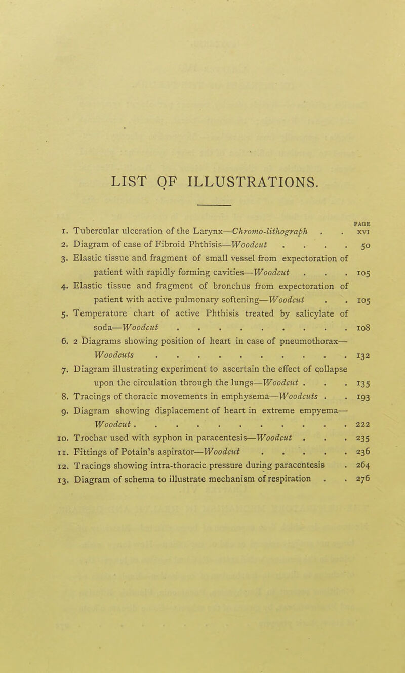 LIST OF ILLUSTRATIONS. PAGE 1. Tubercular ulceration of the Larynx—Chromo-lithograph . . xvi 2. Diagram of case of Fibroid Phthisis—Woodcut .... 50 3. Elastic tissue and fragment of small vessel from expectoration of patient with rapidly forming cavities—Woodcut . . . 105 4. Elastic tissue and fragment of bronchus from expectoration of patient with active pulmonary softening—Woodcut . . 105 5. Temperature chart of active Phthisis treated by salicylate of soda—Woodcut 108 6. 2 Diagrams showing position of heart in case of pneumothorax— Woodcuts 132 7. Diagram illustrating experiment to ascertain the effect of collapse upon the circulation through the lungs—Woodcut . . . 135 8. Tracings of thoracic movements in emphysema—Woodcuts . . 193 9. Diagram showing displacement of heart in extreme empyema— Woodcut 222 10. Trochar used with syphon in paracentesis—Woodcut . . . 235 11. Fittings of Potain's aspirator—Woodcut 236 12. Tracings showing intra-thoracic pressure during paracentesis . 264 13. Diagram of schema to illustrate mechanism of respiration . . 276
