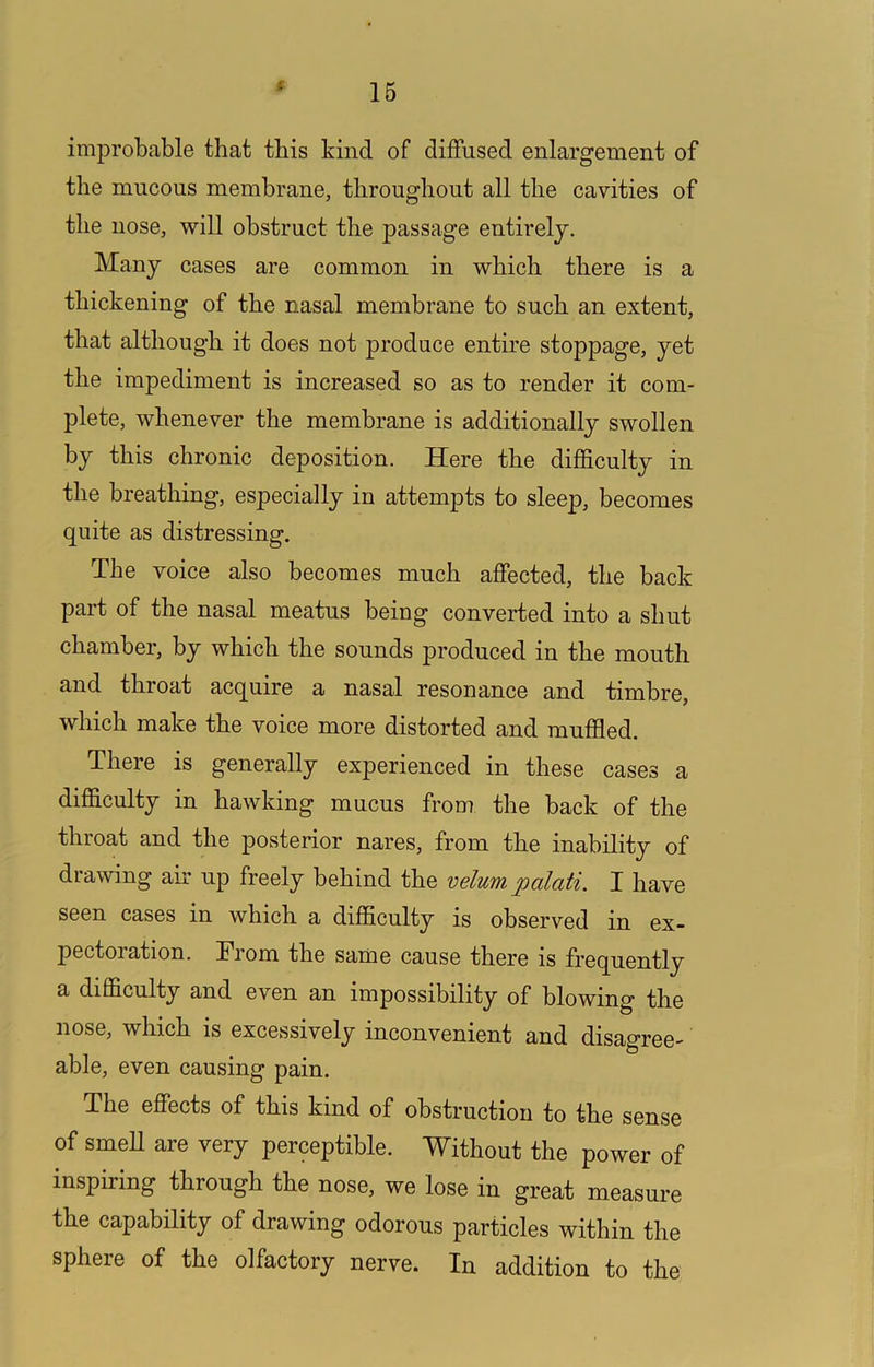 improbable that this kind of diffused enlargement of the mucous membrane, throughout all the cavities of the nose, will obstruct the passage entirely. Many cases are common in which there is a thickening of the nasal membrane to such an extent, that although it does not produce entire stoppage, yet the impediment is increased so as to render it com- plete, whenever the membrane is additionally swollen by this chronic deposition. Here the difficulty in the breathing, especially in attempts to sleep, becomes quite as distressing. The voice also becomes much affected, the back part of the nasal meatus being converted into a shut chamber, by which the sounds produced in the mouth and throat acquire a nasal resonance and timbre, which make the voice more distorted and muffled. There is generally experienced in these cases a difficulty in hawking mucus from the back of the throat and the posterior nares, from the inability of drawing air up freely behind the velum palati. I have seen cases in which a difficulty is observed in ex- pectoration. From the same cause there is frequently a difficulty and even an impossibility of blowing the nose, which is excessively inconvenient and disagree- able, even causing pain. The effects of this kind of obstruction to the sense of smeU are very perceptible. Without the power of inspiring through the nose, we lose in great measure the capability of drawing odorous particles within the sphere of the olfactory nerve. In addition to the