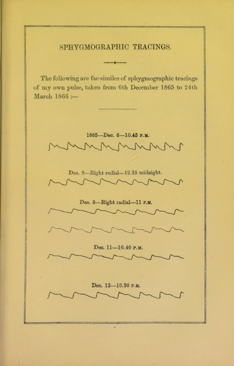 SPHYGMOGRAPHIC TRACINGS. The following are fae-similes of sphygmographic tracings of my own pulse, taken from 6th December 1865 to 24th March 1866 :— 1865—Dec. 6—10.45 p.m. Dec. 3—Eight radial—12.35 midnight. Dec. 9—Right radial—11 p.m. Dec. 11—10.40 p.m.