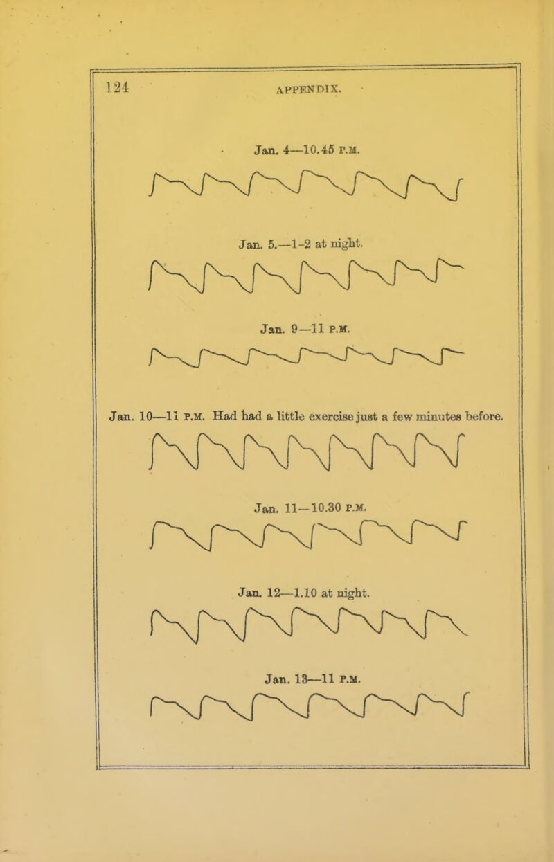 Jan. 4—10.45 p.m. Jan. 5.—1-2 at night. Jan. 10—11 P.M. Had had a little exercise just a few minute* before. Jan. 11—10.30 p.m. Jan. 12—1.10 at night.