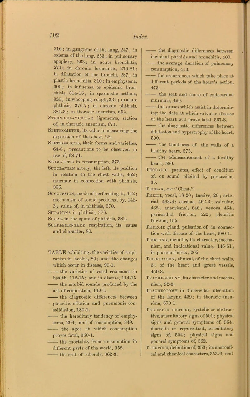 703 Iude(f. 216; in gangrene of the lung, 24V; in oedema of the lung, 253 j in pulmonary apoplexy, 263 j in acute bronchitis, 271; in chronic bronchitis, 279-81; in dilatation of the bronchi, 287; in plastic bronchitis, 310 ; in emphysema, 300; in influenza or epidemic bron- chitis, 314-15; in spasmodic asthma, 320; in whooping-cough, 331; in acute phthisis, 376-7; in chronic phthisis, 381-3 ; in thoracic aneurism, 652. Stehno-clavicttiae ligaments, section of, in thoracic aneurism, 671. Stethomostee, its value in measuring the expansion of the chest, 22. Stethoscopes, their forms and varieties, 64-8; precautions to be observed in use of, 68-71. Stomatitis in consumption, 373. SuBCLATiAif artery, the left, its position in relation to the chest walls, 452; murmur in connection with phthisis, 366. SuccussiON, mode of performing it, 142; mechanism of sound produced by, 142- 3; yalue of, m phthisis, 370. SUDAMINA in phthisis, 376. SuGAE in the sputa of phthisis, 382. SuppiEMENTAEY respiration, its cause and character, 80. TABLE exhibiting, the varieties of respi- ration in health, 89; and the changes which occur in disease, 90-1. the varieties of vocal resonance in health, 112-15; and in disease, 114-15. the morbid sounds produced by the act of respiration, 140-1. the diagnostic diiferences between pleuritic effusion and pneumonic con- solidation, 180-1. the hereditary tendency of emphy- sema, 296 J and of consumption, 849. the ages at which consumption proves fatal, 350-1. the mortality from consumption in different parts of the world, 352. the seat of tubercle, 362-3. the diagnostic differences between incipient phthisis and bronchitis, 400. the average duration of pulmonary consumption, 413. the occurrences which take place at different periods of the heart's action, 473. the seat and cause of endocardial murmurs, 499. the causes which assist in determin- ing the date at which valvular disease of the heart will prove fatal, 567-8. the diagnostic differences between dilatation and hypertrophy of the heart, 590. the thickness of the walk of a healthy heart, 575. the admeasurement of a healthy heart, 586. Thoeacic parietes, effect of condition of, on sound elicited by percussion, 35. Thoeax, see  Chest. Theill, vocal, 18-20; tussive, 20) arte- rial, 463-4; cardiac, 462-3; valvular, 462; aneurismal, 646; venous, 464; pericardial friction, 522; pleuritic friction, 155. Thyeoid gland, pulsation of, in connec- tion with disease of the heart, 580-1. Tinkling, metallic, its character, mecha- nism, and indicational value, 145-51; in pneumothoraic, 205. TopoGEAPHT, clinical, of the chest walls, 3; of the heart and great vessels, 450-3. Teacheophont, its character and mecha- nism, 92-3. Teacheotomt in tubercular ulceration of the larynx, 439; in thoracic aneu- rism, 670-1. Teicuspid murmur, systolic or obstruc- tive, auscultatory signs of,501; physical signs and general symptoms of, 564; diastolic or regurgitant, auscultatory signs of, 504; physical signs and general symptoms of, 562. Tubeeclk, definition of, 353; its anatomi- cal and chemical characters, 353-6; seat