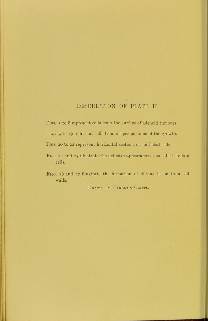 Figs, i to 8 represent cells from the surface of adenoid tumours. Figs. 9 to 19 represent cells from deeper portions of the growth. Figs. 20 to 22 represent horizontal sections of epithelial cells. Figs. 24 and 25 illustrate the delusive appearance of so-called stellate cells. Figs. 26 and 27 illustrate the formation of fibrous tissue from cell walls. Drawn by Harbison Cripps.