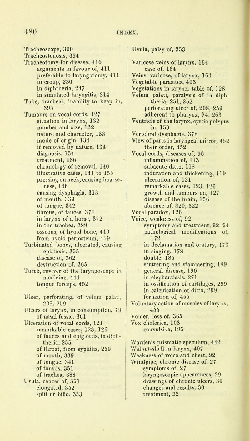 Tracheoscope, 390 Tracheostenosis, 394 Tracheotomy for disease, 410 arguments in favour of, 411 preferable to laryngotomy, 411 in croup, 230 in diphtheria, 247 in simulated laryngitis, 314 Tube, tracheal, inability to keep in, 395 Tumours on vocal cords, 127 situation in larynx, 132 number and size, 132 nature and character, 133 mode of origin, 134 if removed by nature, 134 diagnosis, 134 treatment, 136 chronology of removal, 140 illustrative cases, 141 to 155 pressing on neck, causing hoarse- ness, 166 causing dysphagia, 313 of mouth, 339 of tongue, 342 fibrous, of fauces, 371 in larynx of a horse, 372 in the trachea, 389 osseous, of hyoid bone, 419 from hyoid periosteum, 419 Turbinated bones, ulcerated, causing epistaxis, 355 disease of, 362 destruction of, 365 Turck, reviver of the laryngoscope in medicine, 444 tongue forceps, 452 Ulcer, perforating, of velum palati, 208, 259 Ulcers of larynx, in consumption, 79 of nasal fossae, 361 I Ulceration of vocal cords, 121 I remarkable cases, 123, 126 ' of fauces and epiglottis, in diph- theria, 255 of throat, from syphilis, 259 of mouth, 339 of tongue, 341 of tonsils, 351 of trachea, 388 Uvula, cancer of, 351 elongated, 352 j split or bifid, 353 Uvula, palsy of, 353 Varicose veins of larynx, 164 case of, 164 Veins, varicose, of larynx, 164 Vegetable parasites, 403 Vegetations in larynx, table of, 128 Velum palati, paralysis of in diph- theria, 251, 252 perforating ulcer of, 208, 259 adherent to pharynx, 74, 263 Ventricle of the larynx, cystic polypus in, 153 Vertebral dysphagia, 378 View of parts in laryngeal mirror, 452 their order, 452 Vocal cords, diseases of, 96 inflammation of, 113 subacute ditto, 118 induration and thickening, 119 ulceration of, 121 remarkable cases, 123, 126 grov^th and tumours on, 127 disease of the brain, 156 absence of, 320, 322 Vocal paradox, 126 Voice, v^eakness of, 92 symptoms and treatment, 92, 94 pathological modifications of, 172 in declamation and oratory, 173 in singing, 178 double, 185 stuttering and stammering, 189 general disease, 190 in elephantiasis, 271 in ossification of cartilages, 299 in calcification of ditto, 299 formation of, 455 Voluntary action of muscles of larvnx, 455 Vomer, loss of, 365 Vox cholerica, 103 convulsiva, 185 Warden's prismatic speculum, 442 Walnut-shell in larynx, 407 Weakness of voice and chest, 92 Windpipe, chronic disease of, 27 symptoms of, 27 laryngoscopic appearances, 29 drawings of chronic ulcers, 30 changes and results, 30 treatment, 32